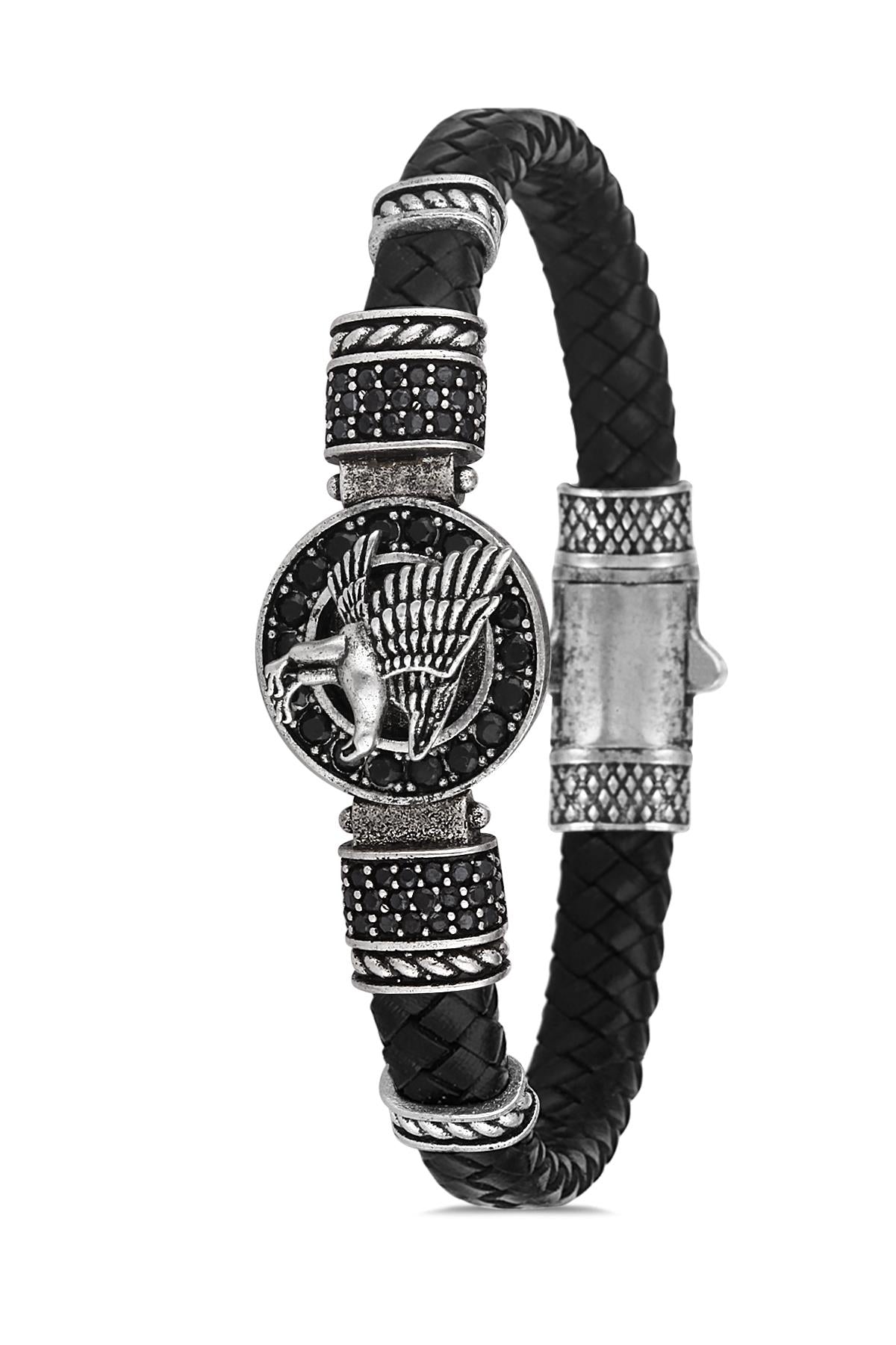 FRNCH Kartal Figürlü Zirkon Taşlı Eskitme Renkli Gerçek Deri Erkek Bileklik FRJ11205-1305-A2