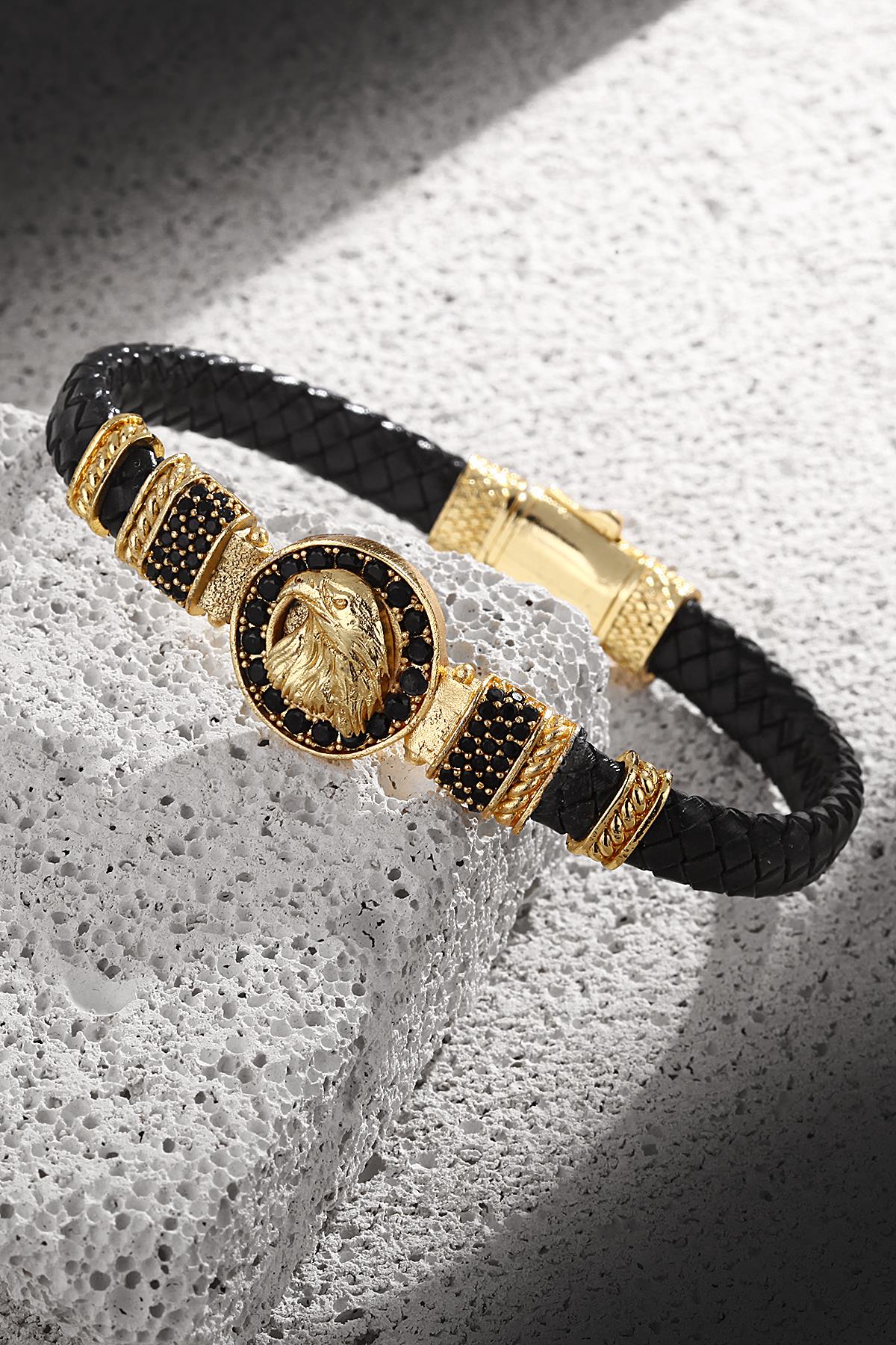 FRNCH Kartal Figürlü Zirkon Taşlı Gold Renkli Gerçek Deri Erkek Bileklik FRJ11204-1304-G