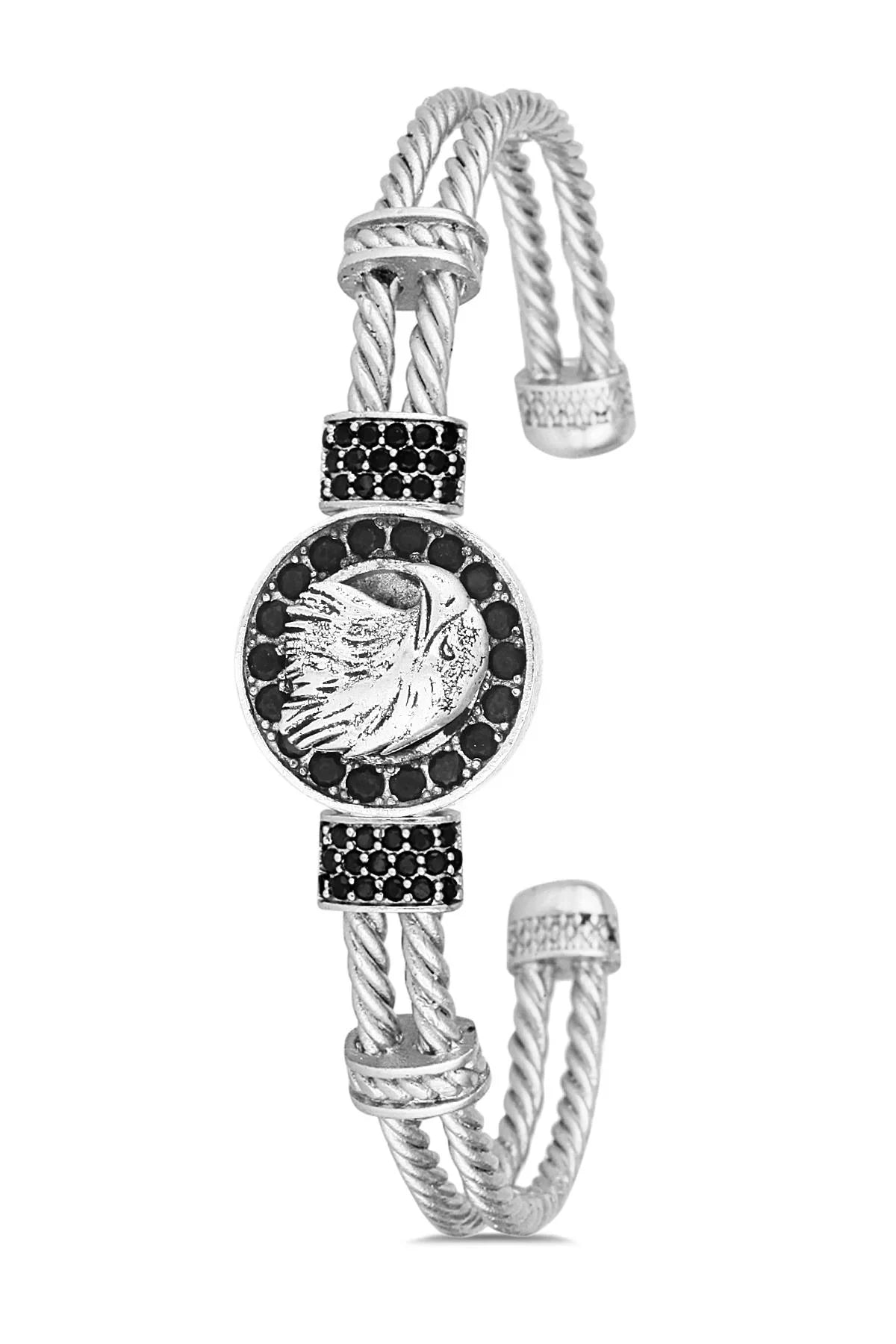 FRNCH Kartal Figürlü Zirkon Taşlı Gümüş Renk Handmade Ayarlanabilir Kelepçe Erkek Bileklik FRJ11234-1334-A