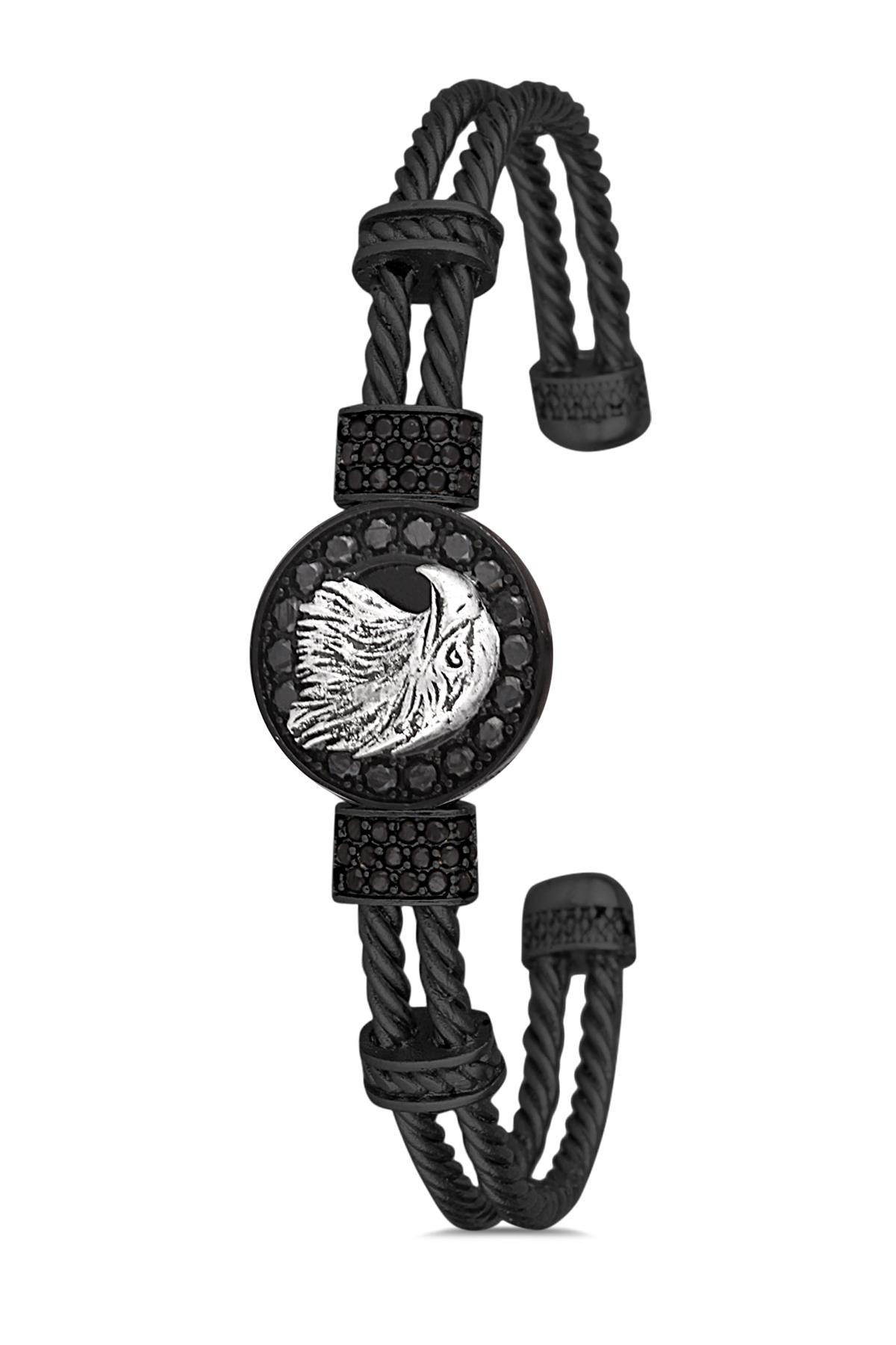 FRNCH Kartal Figürlü Zirkon Taşlı Mat Siyah Renk Handmade Ayarlanabilir Kelepçe Erkek Bileklik FRJ11234-1334-B2A2