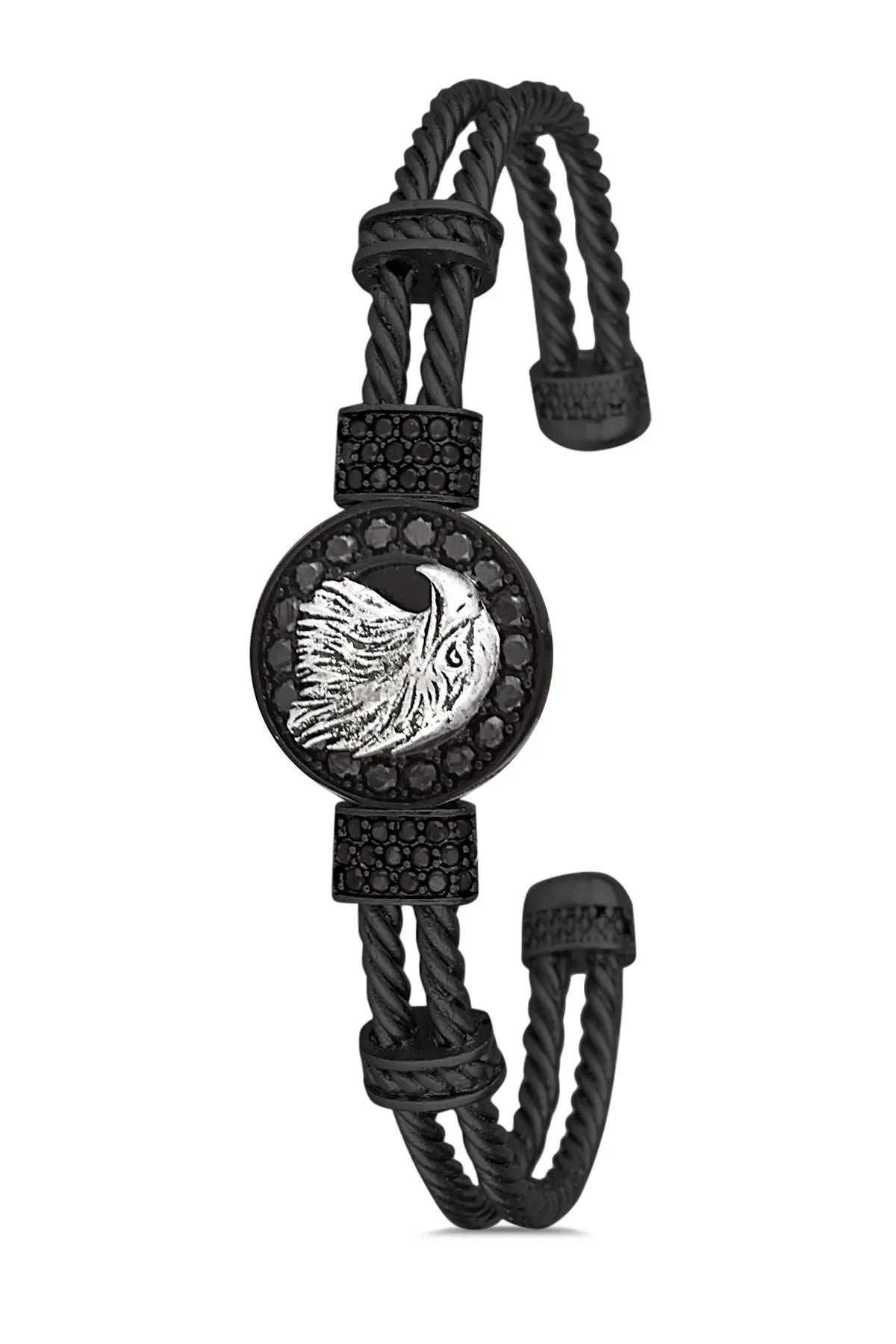 FRNCH Kartal Figürlü Zirkon Taşlı Mat Siyah Renk Handmade Ayarlanabilir Kelepçe Erkek Bileklik FRJ11234-1334-B2A2