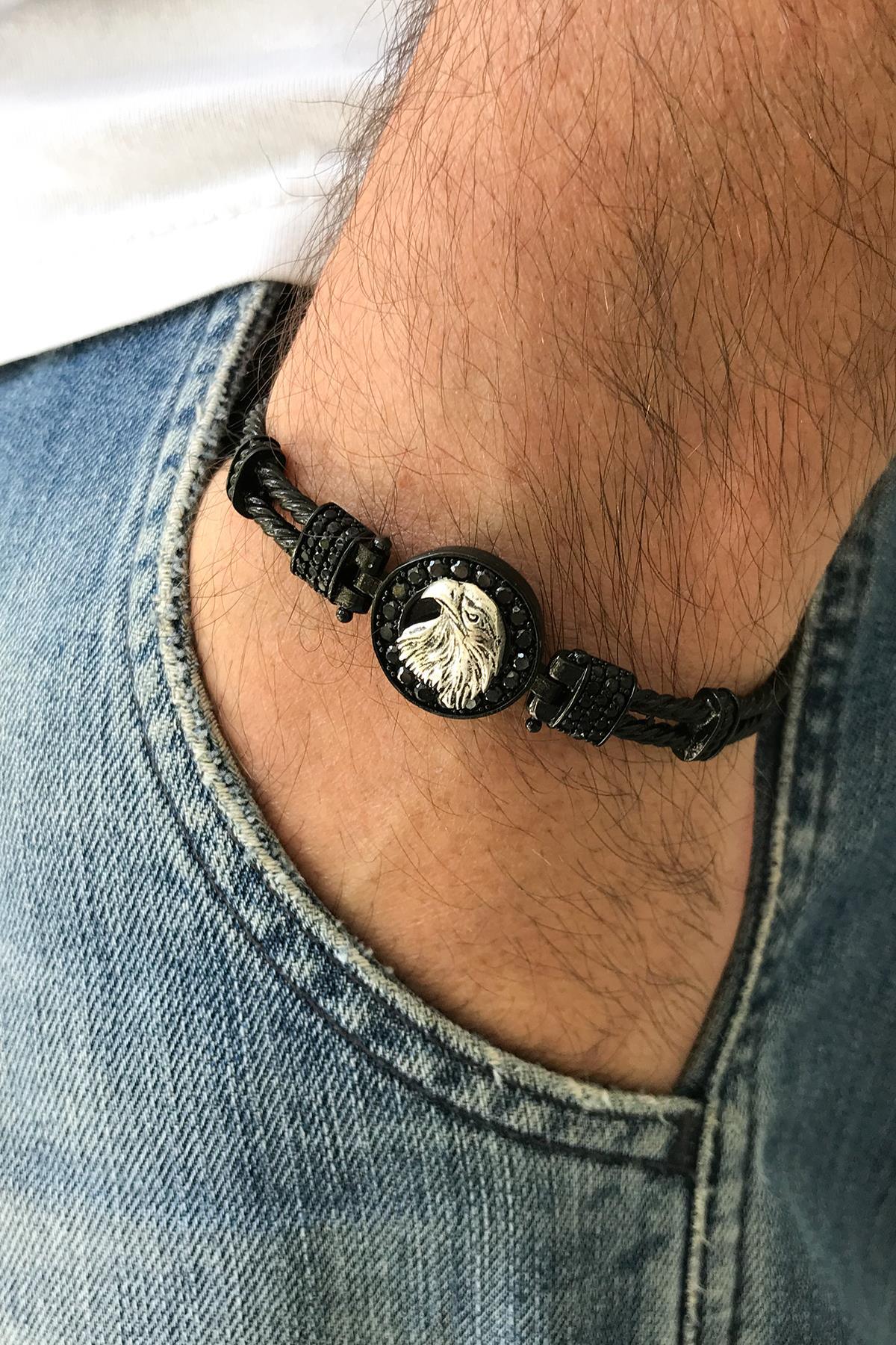 FRNCH Kartal Figürlü Zirkon Taşlı Mat Siyah Renk Handmade Ayarlanabilir Kelepçe Erkek Bileklik FRJ11234-1334-B2A2