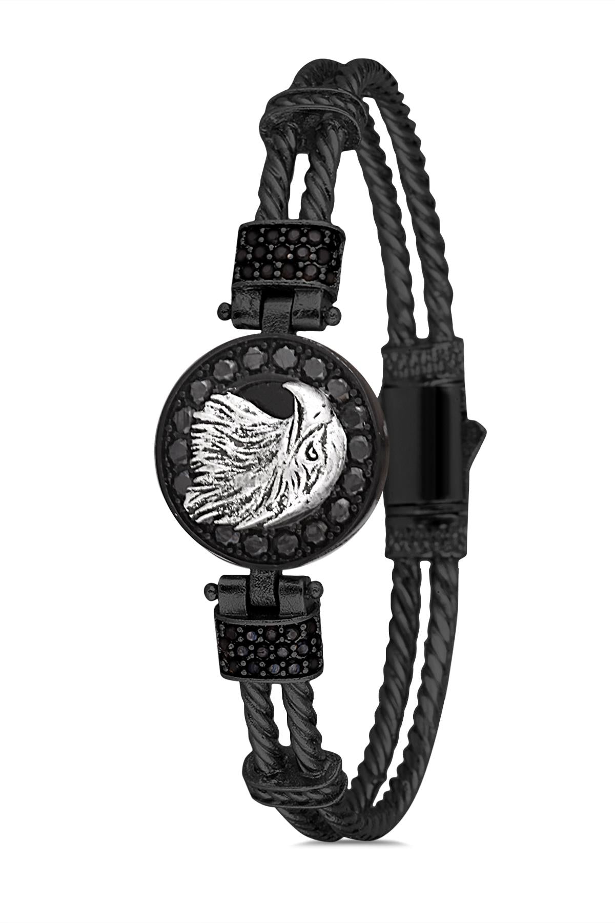 FRNCH Kartal Figürlü Zirkon Taşlı Siyah-Beyaz Renk Handmade Erkek Bileklik FRJ11226-1326-B2A2