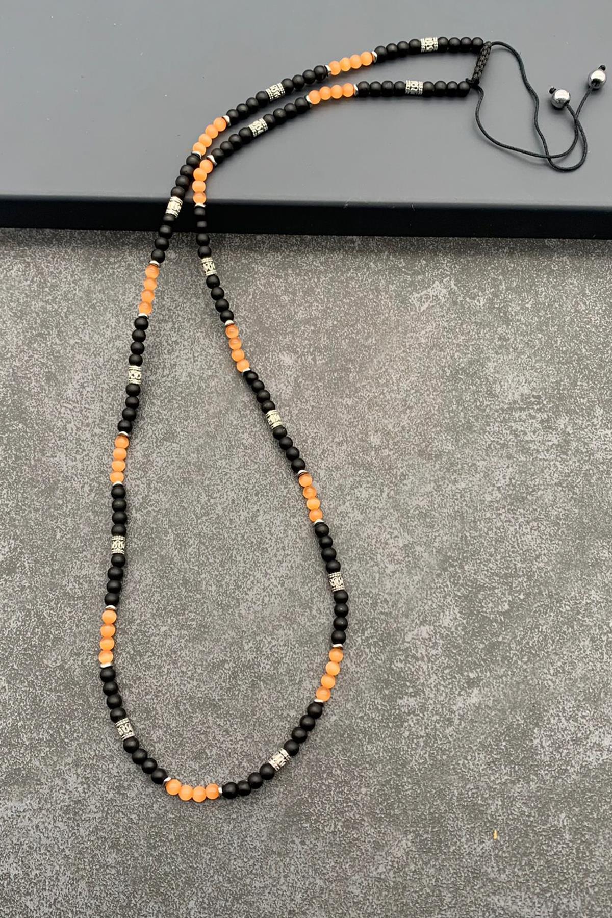 FRNCH Kedi Gözü-Onyx Doğal Taşlı Turuncu Renkli Ayarlanabilir Erkek Kolye FRJ30450-550-T