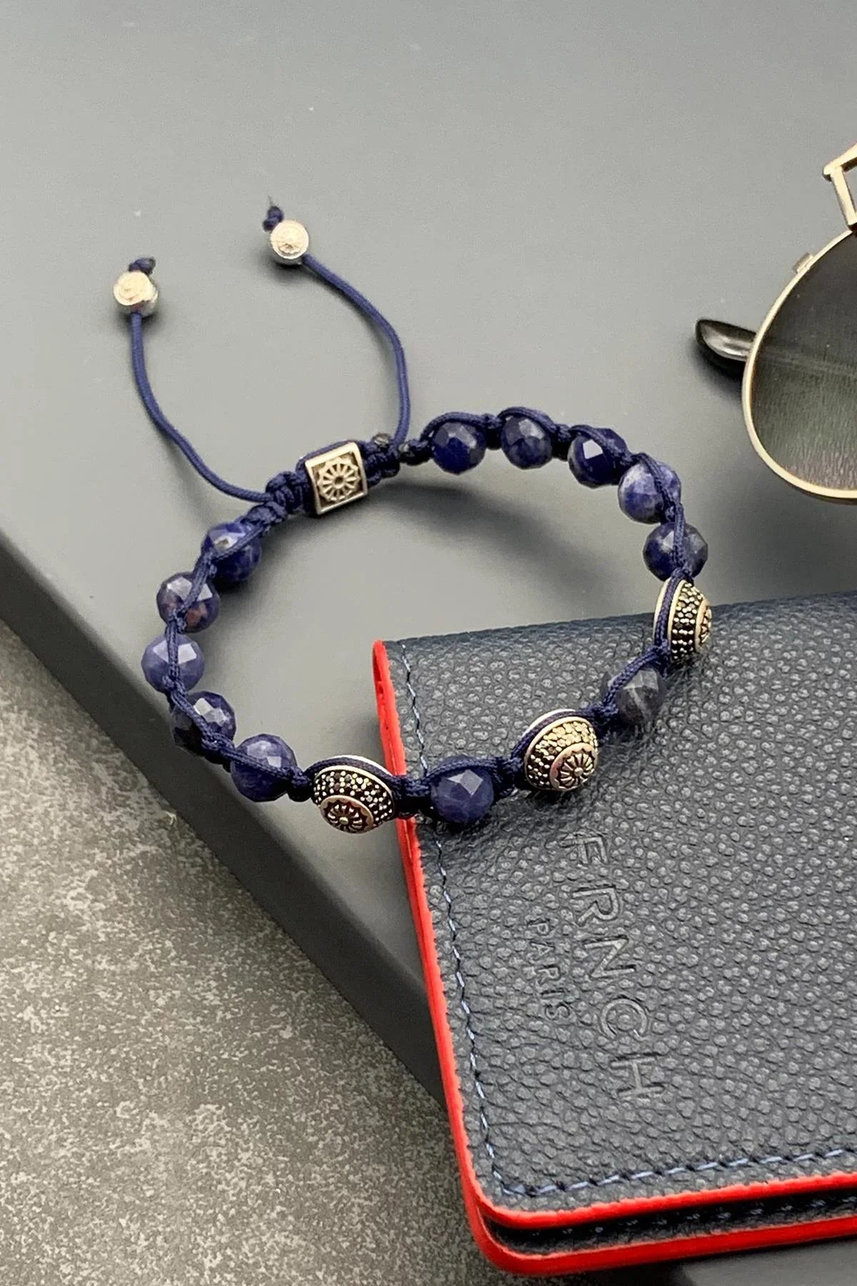 FRNCH Kubbe Fasetli Lapis Lazuli Doğal Taşlı Lacivert Renkli Ayarlanabilir Makrome Erkek Bileklik FRJ11504-1604-L