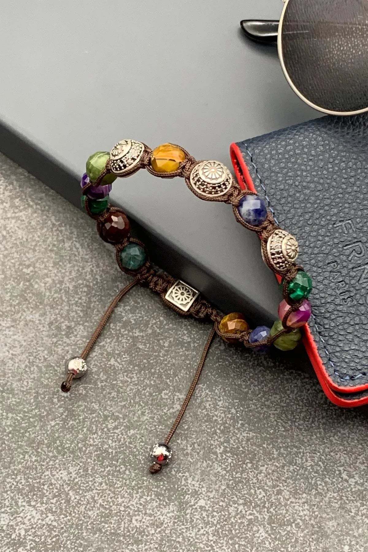 FRNCH Kubbe Model Fasetli Mix Doğal Taşlı Çok Renkli Ayarlanabilir Makrome Erkek Bileklik FRJ11504-1604-CK