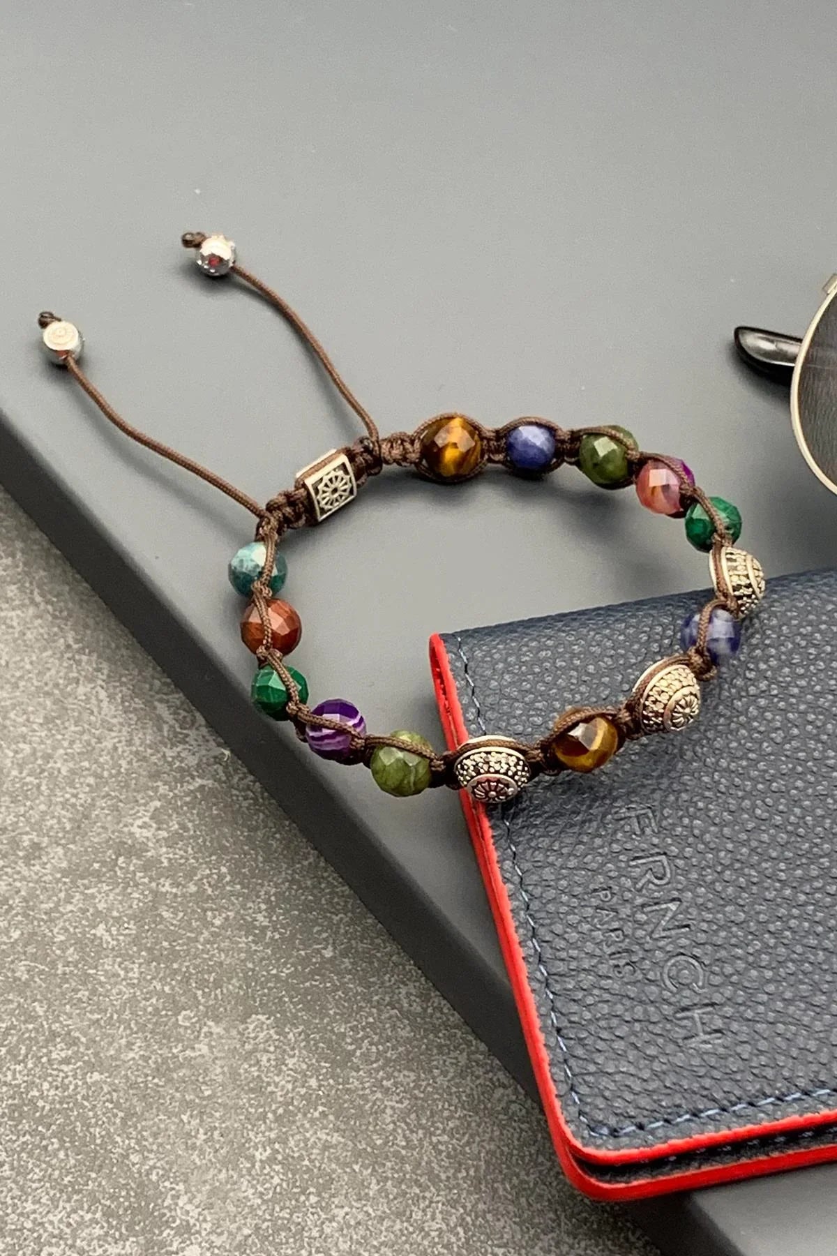 FRNCH Kubbe Model Fasetli Mix Doğal Taşlı Çok Renkli Ayarlanabilir Makrome Erkek Bileklik FRJ11504-1604-CK