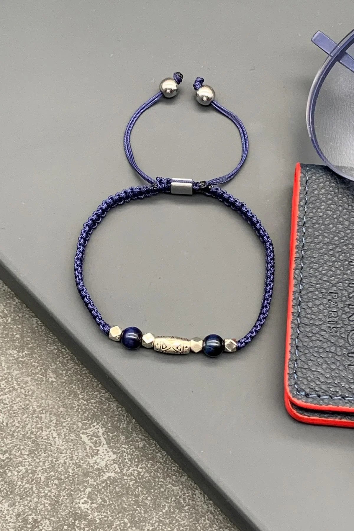 FRNCH Lapis Doğal Taşlı Tibetan Model Lacivert Renkli Ayarlanabilir Makrome Erkek Bileklik FRJ11527-1627-L