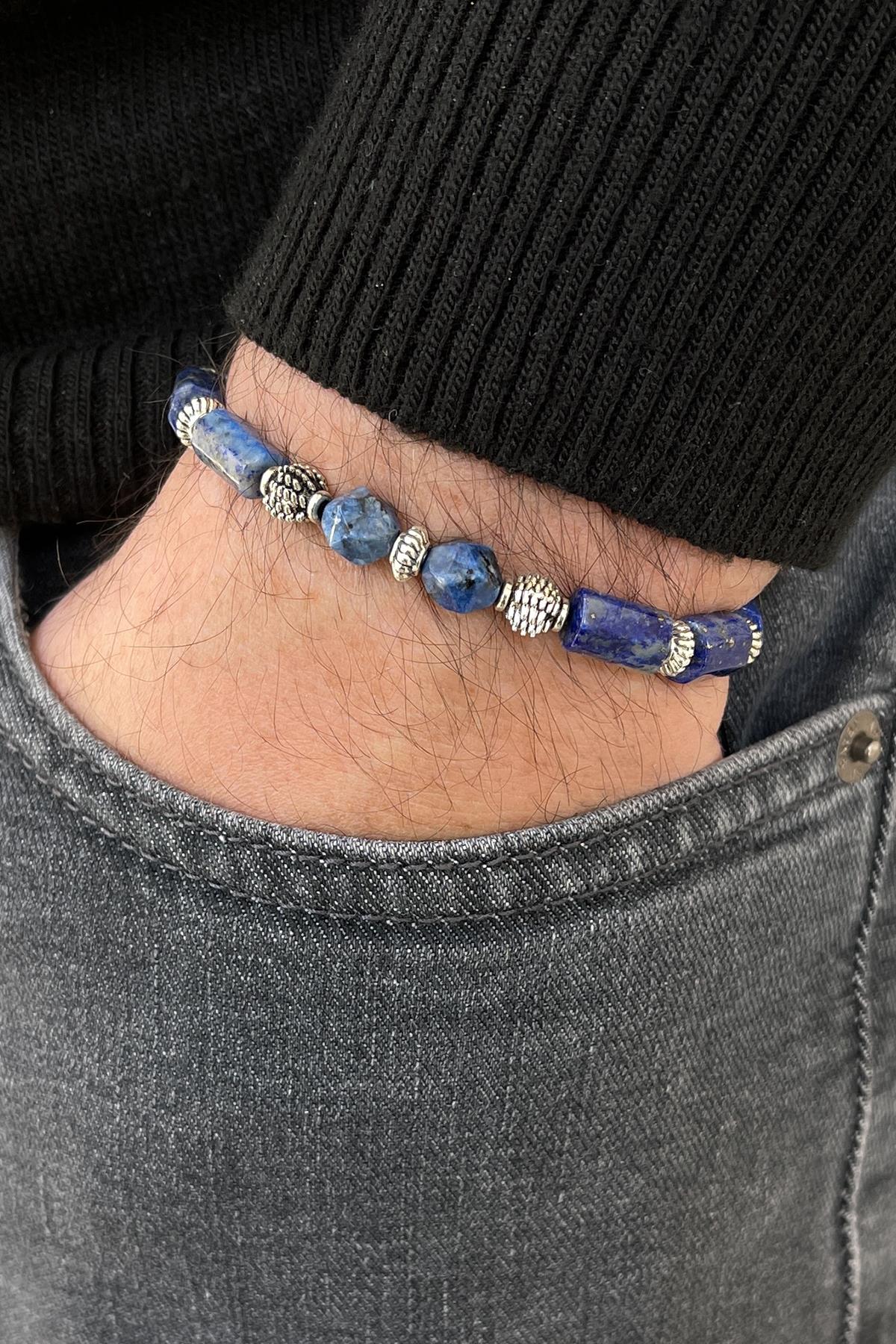 FRNCH Lapis Lazuli Doğal Taşlı Lacivert Renkli Ayarlanabilir Makrome Erkek Bileklik FRJ11388-1488-L