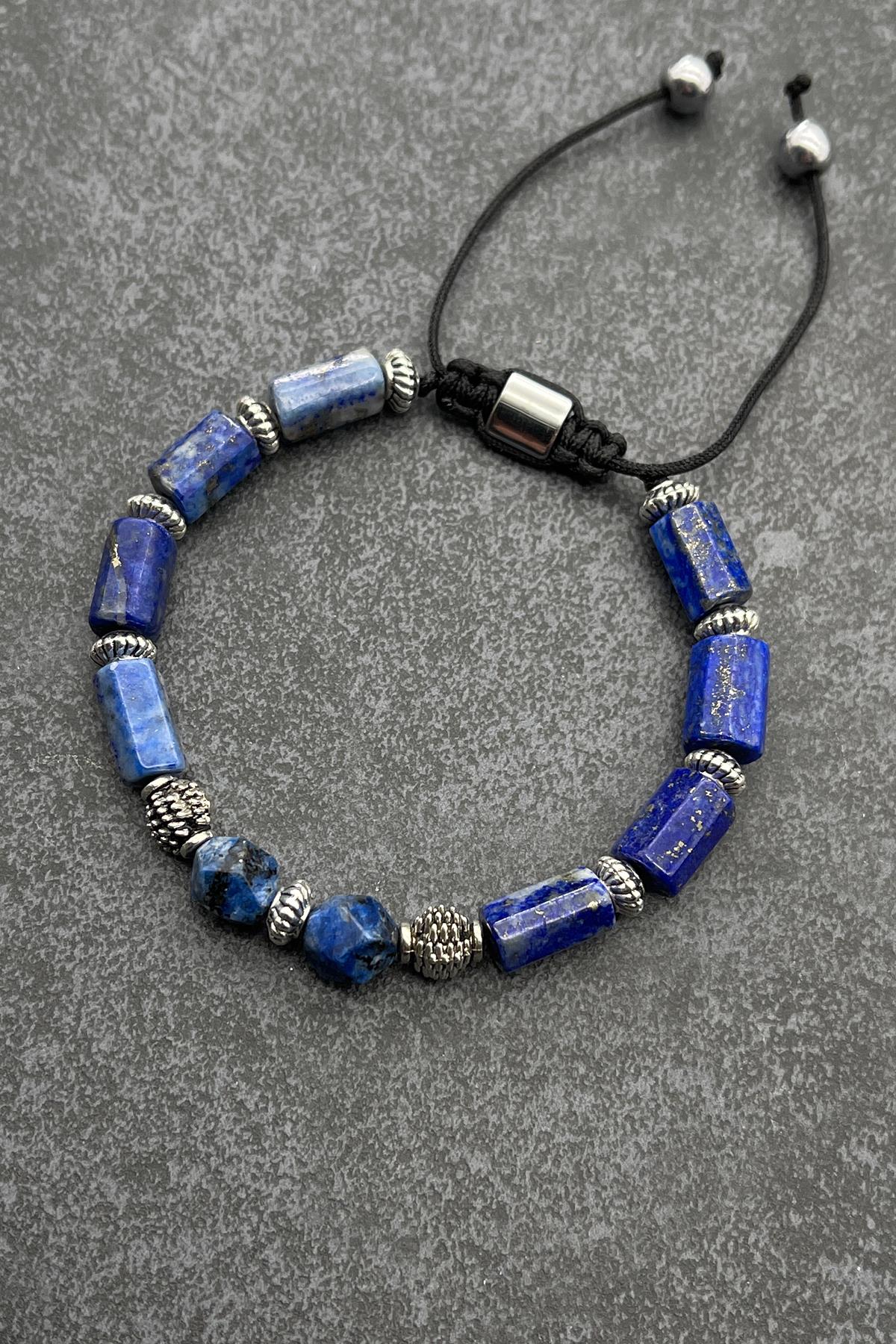 FRNCH Lapis Lazuli Doğal Taşlı Lacivert Renkli Ayarlanabilir Makrome Erkek Bileklik FRJ11388-1488-L
