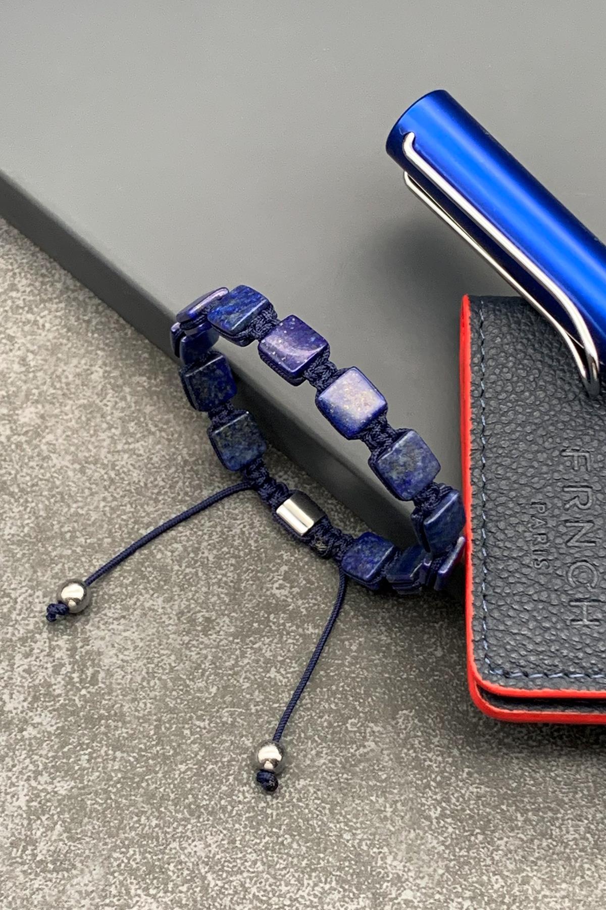 FRNCH Lapis Lazuli Doğal Taşlı Lacivert Renkli Ayarlanabilir Makrome Erkek Bileklik FRJ11534-1634-L