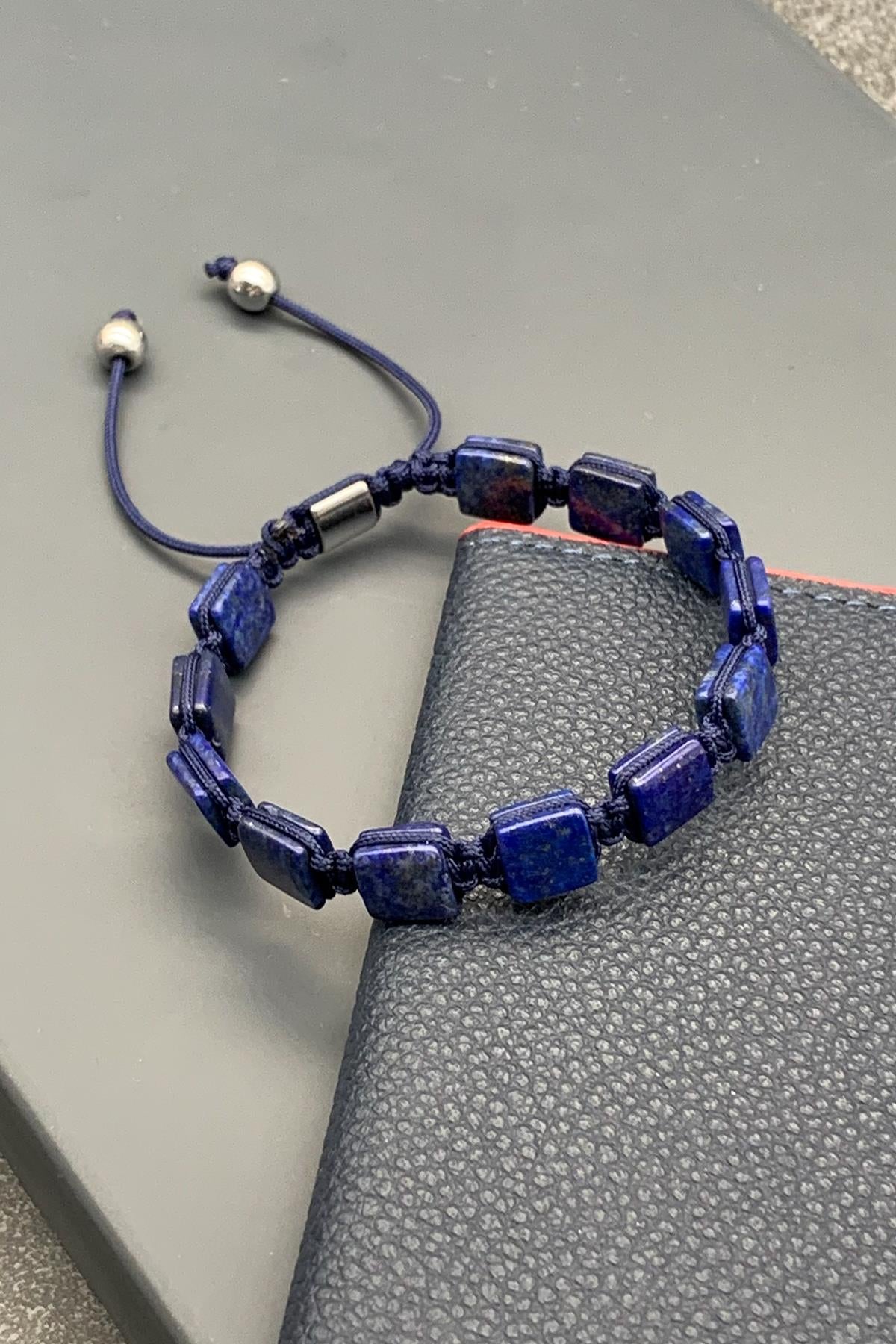 FRNCH Lapis Lazuli Doğal Taşlı Lacivert Renkli Ayarlanabilir Makrome Erkek Bileklik FRJ11534-1634-L