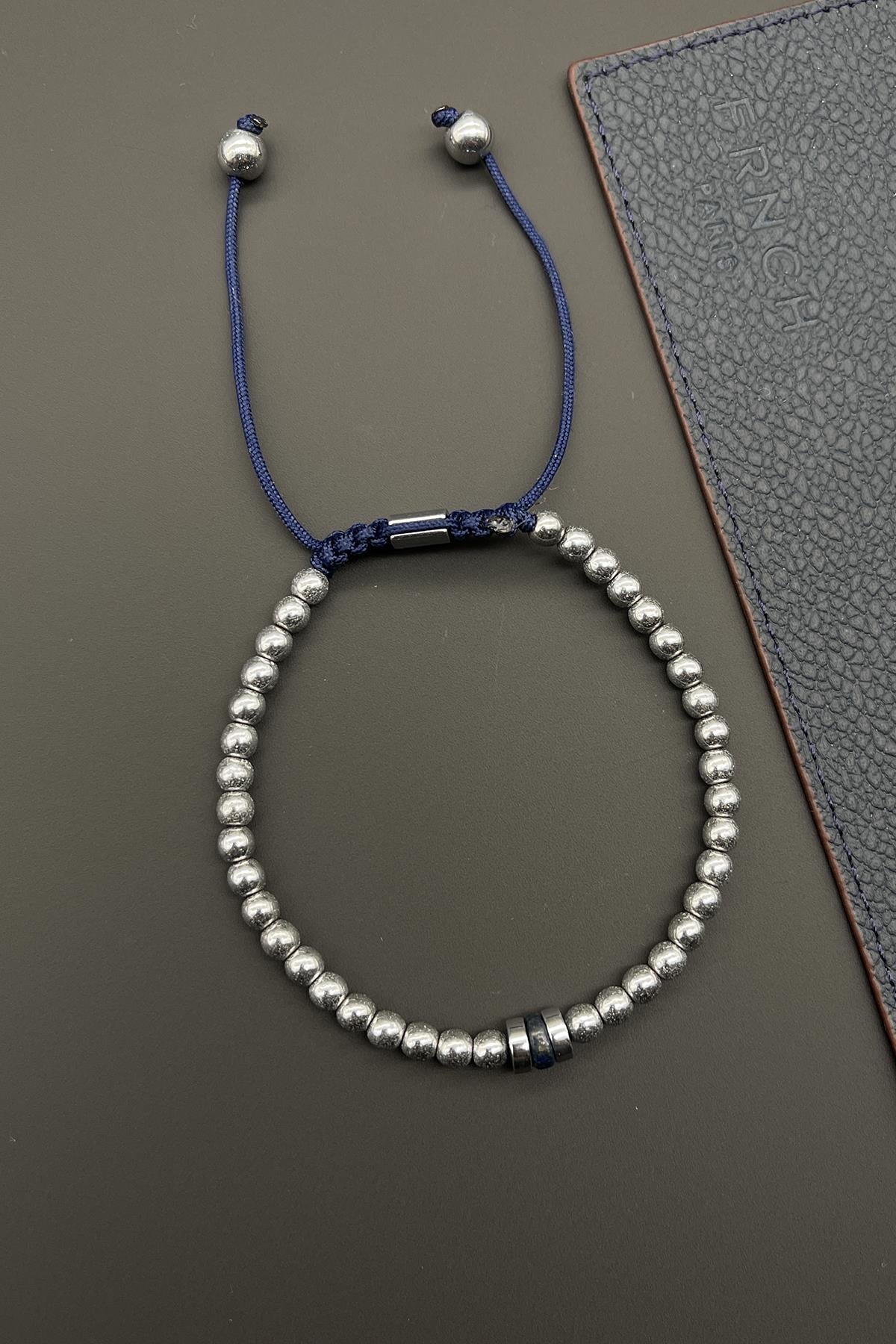 FRNCH Lapis Lazuli Doğal Taşlı Lacivert Renkli Ayarlanabilir Makrome Erkek Bileklik FRJ11585-1685-L