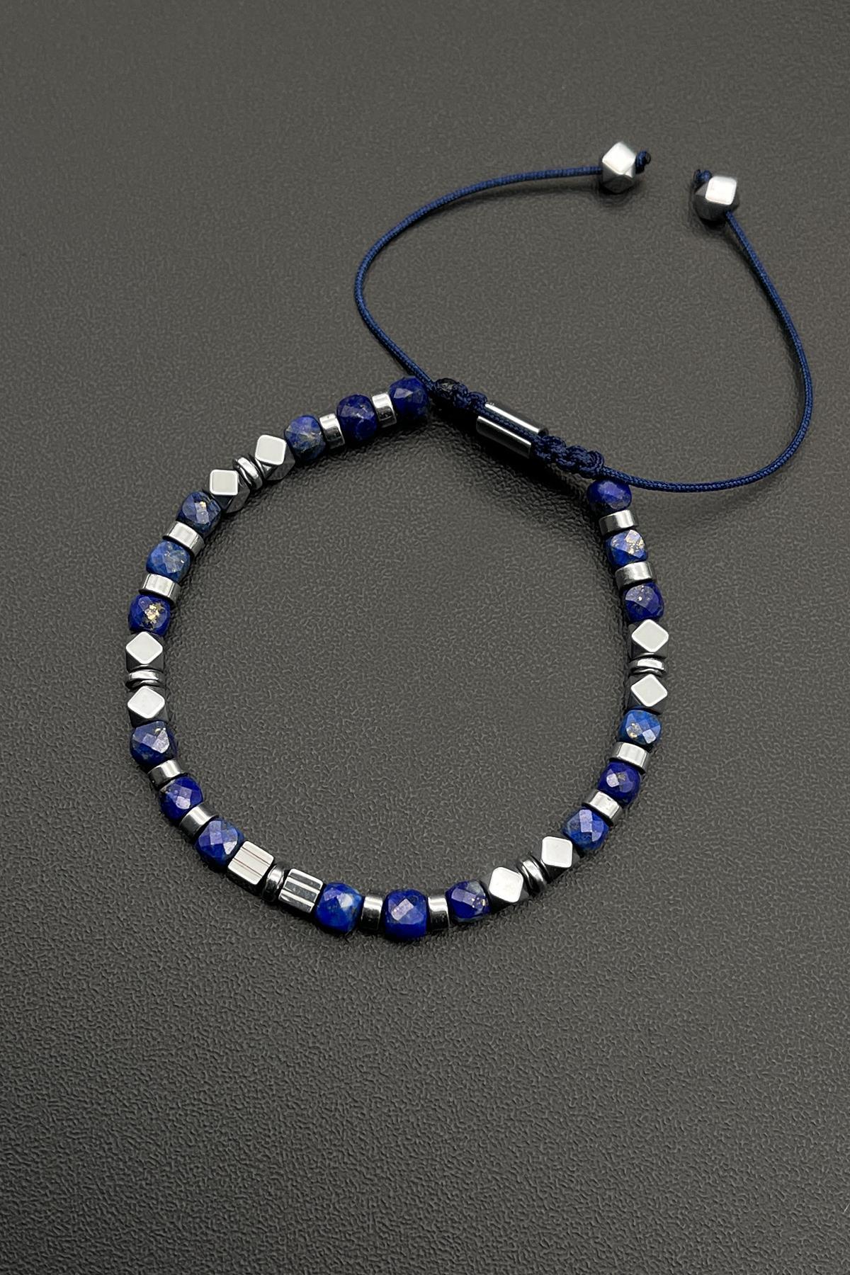 FRNCH Lapis Lazuli Doğal Taşlı Lacivert Renkli Ayarlanabilir Makrome Erkek Bileklik FRJ11688-1788-L