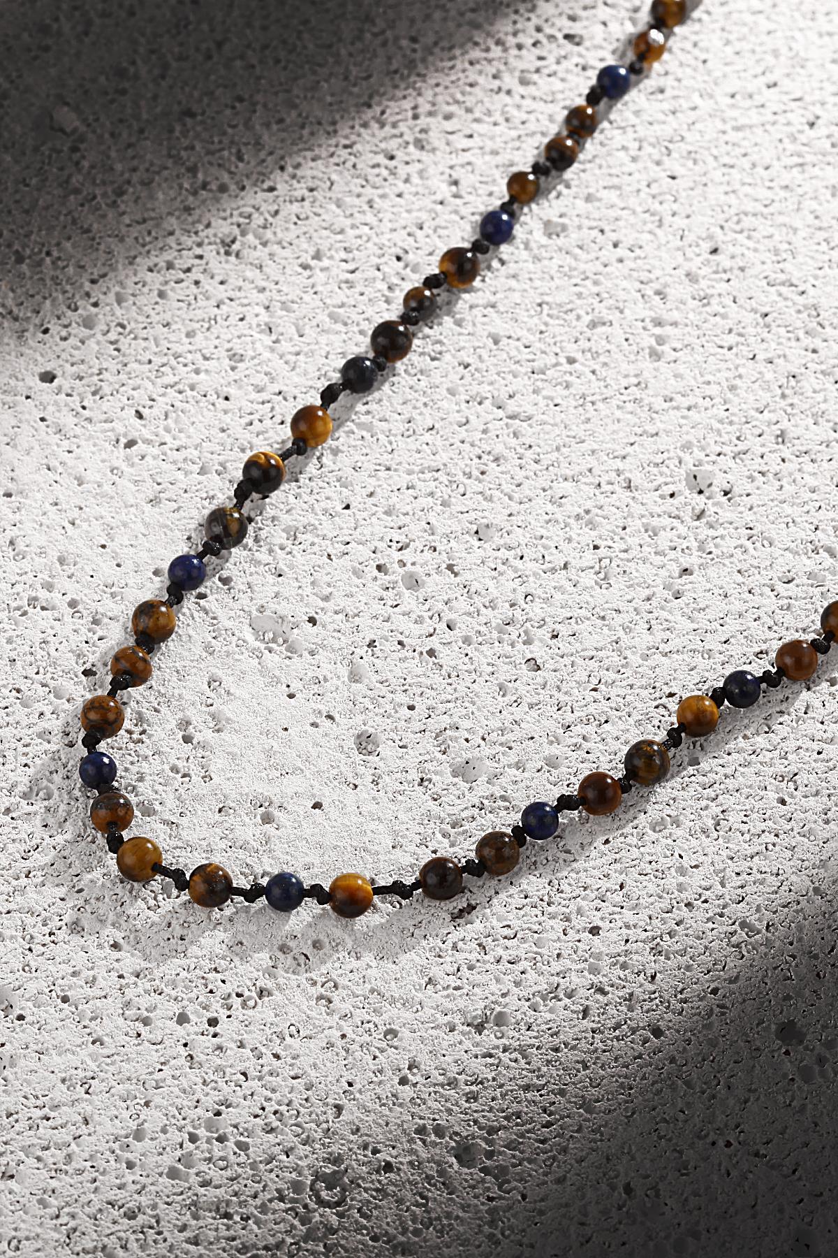 FRNCH Lapis Lazuli-Kaplangözü Taşlı Çift Renkli Yılan Örme Erkek Kolye FRJ30445-545-LK