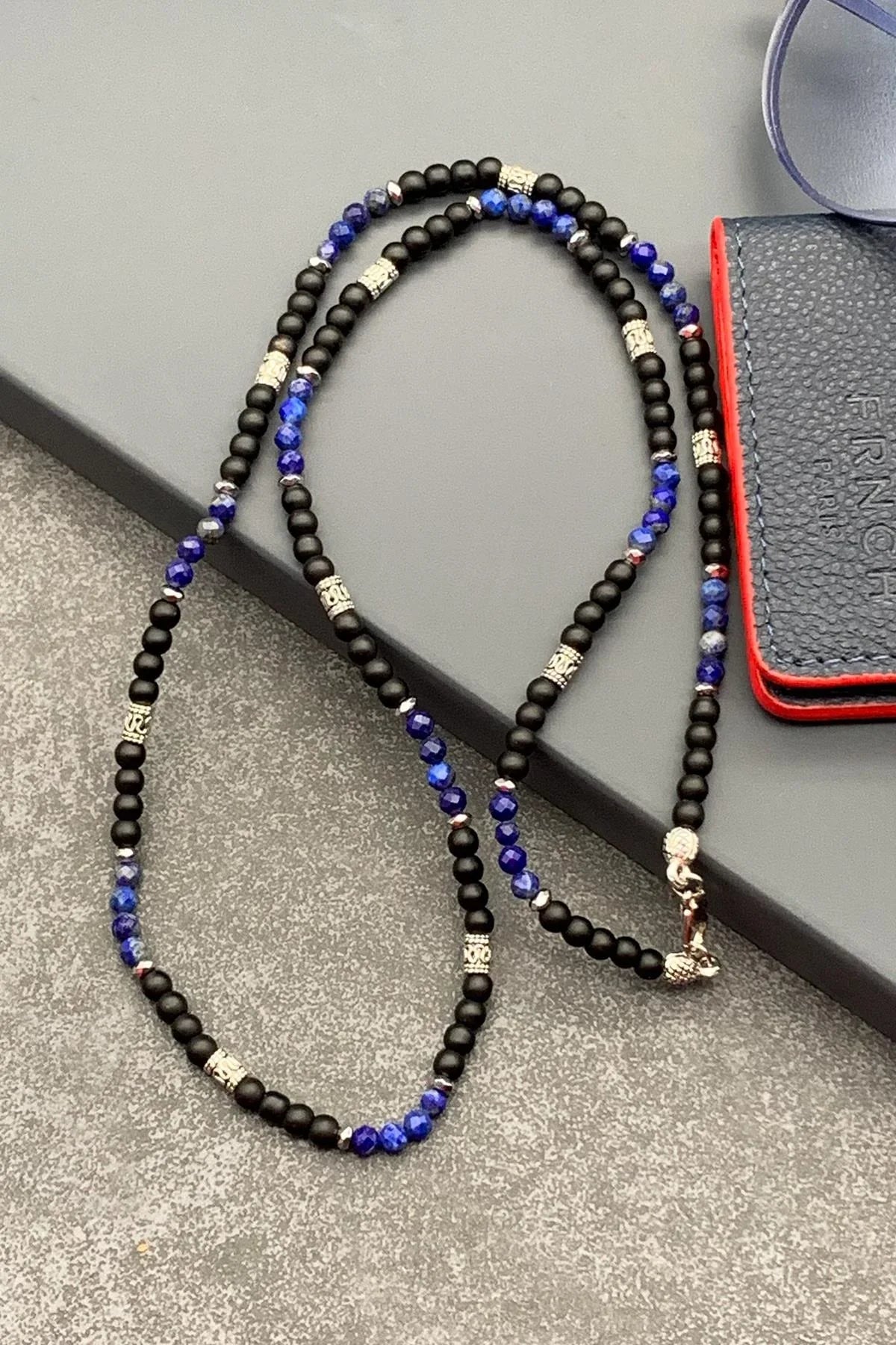 FRNCH Lapis-Onyx Doğal Taşlı Lacivert-Siyah Renkli 65 Cm Erkek Kolye FRJ30450-550-L