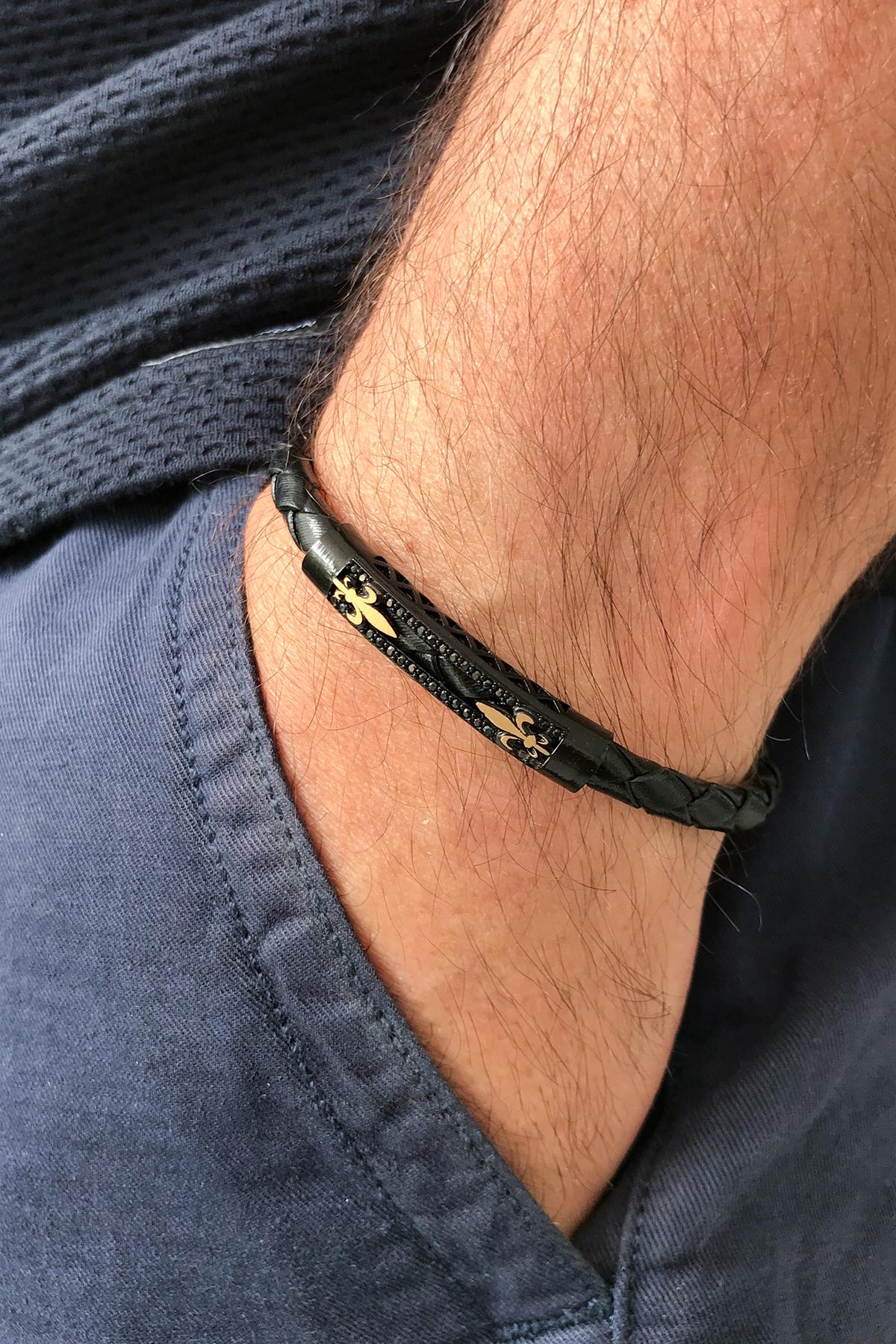 FRNCH Lilyum Figürlü Siyah-Eskitme Renkli Zirkon Taşlı Handmade Deri Erkek Bileklik FRJ11229-1329-B3