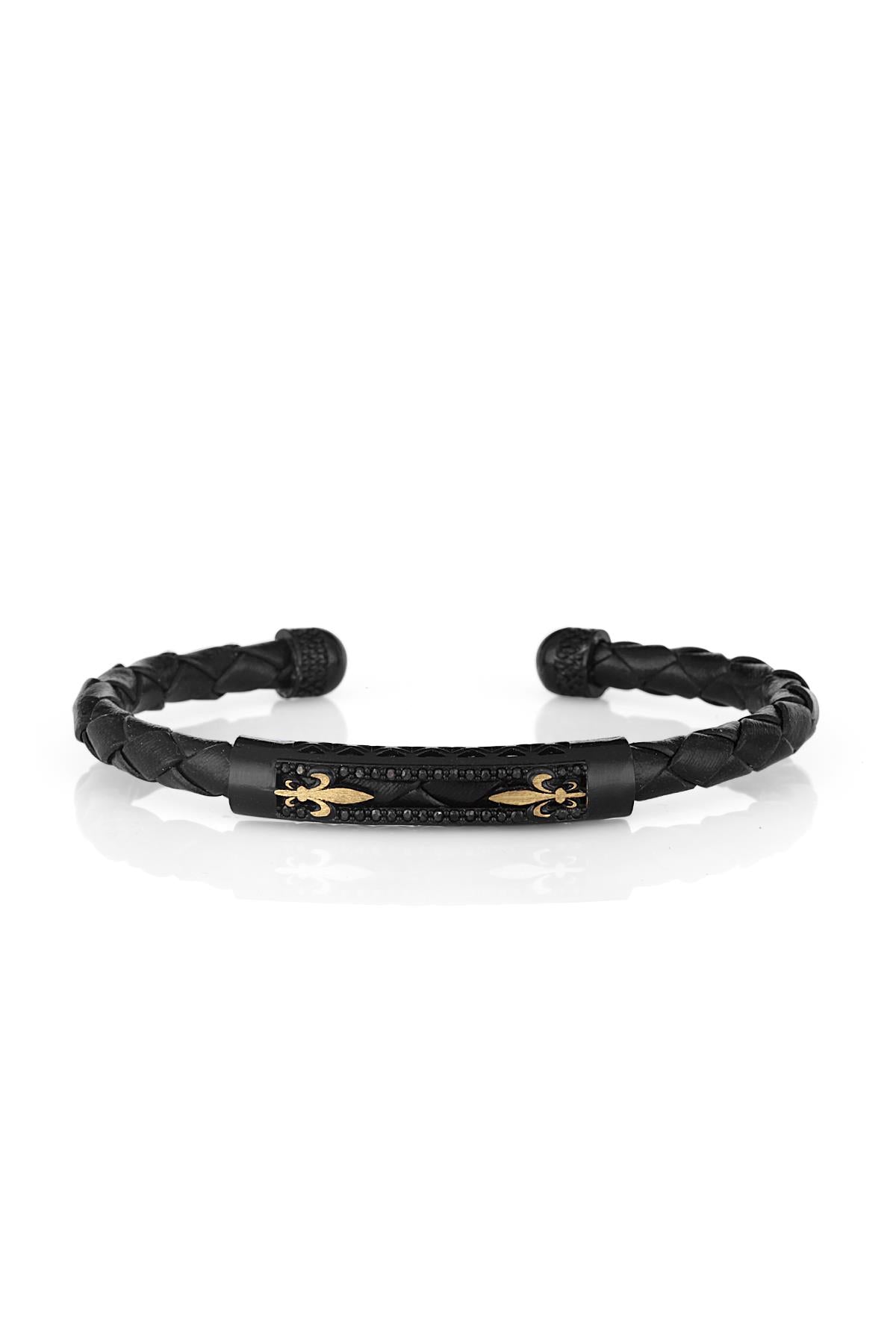 FRNCH Lilyum Figürlü Siyah-Eskitme Renkli Zirkon Taşlı Handmade Deri Erkek Bileklik FRJ11229-1329-B3