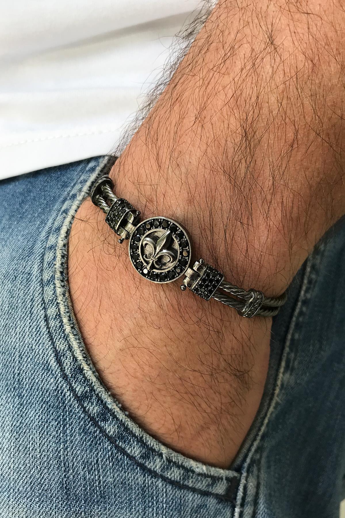 FRNCH Lilyum Figürlü Zirkon Taşlı Füme Renk Handmade Erkek Bileklik FRJ11225-1325-B
