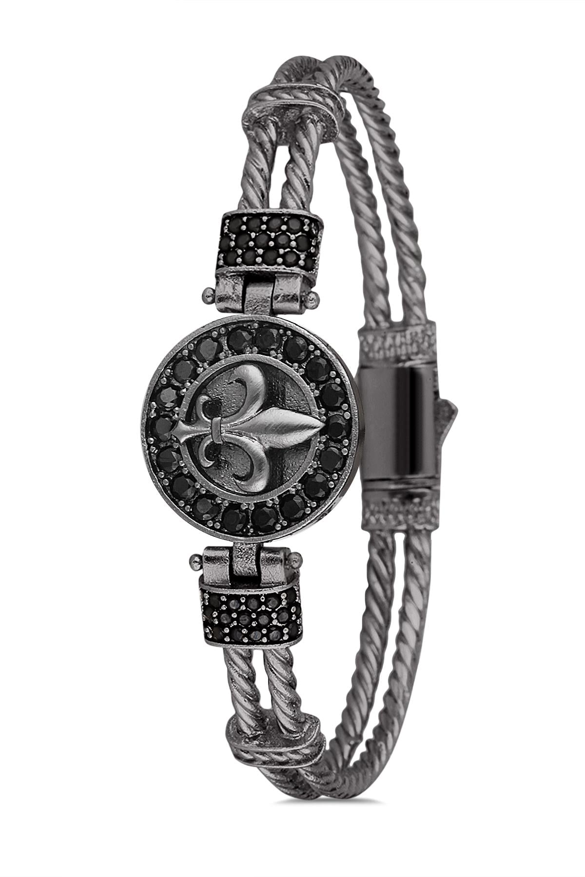 FRNCH Lilyum Figürlü Zirkon Taşlı Füme Renk Handmade Erkek Bileklik FRJ11225-1325-B