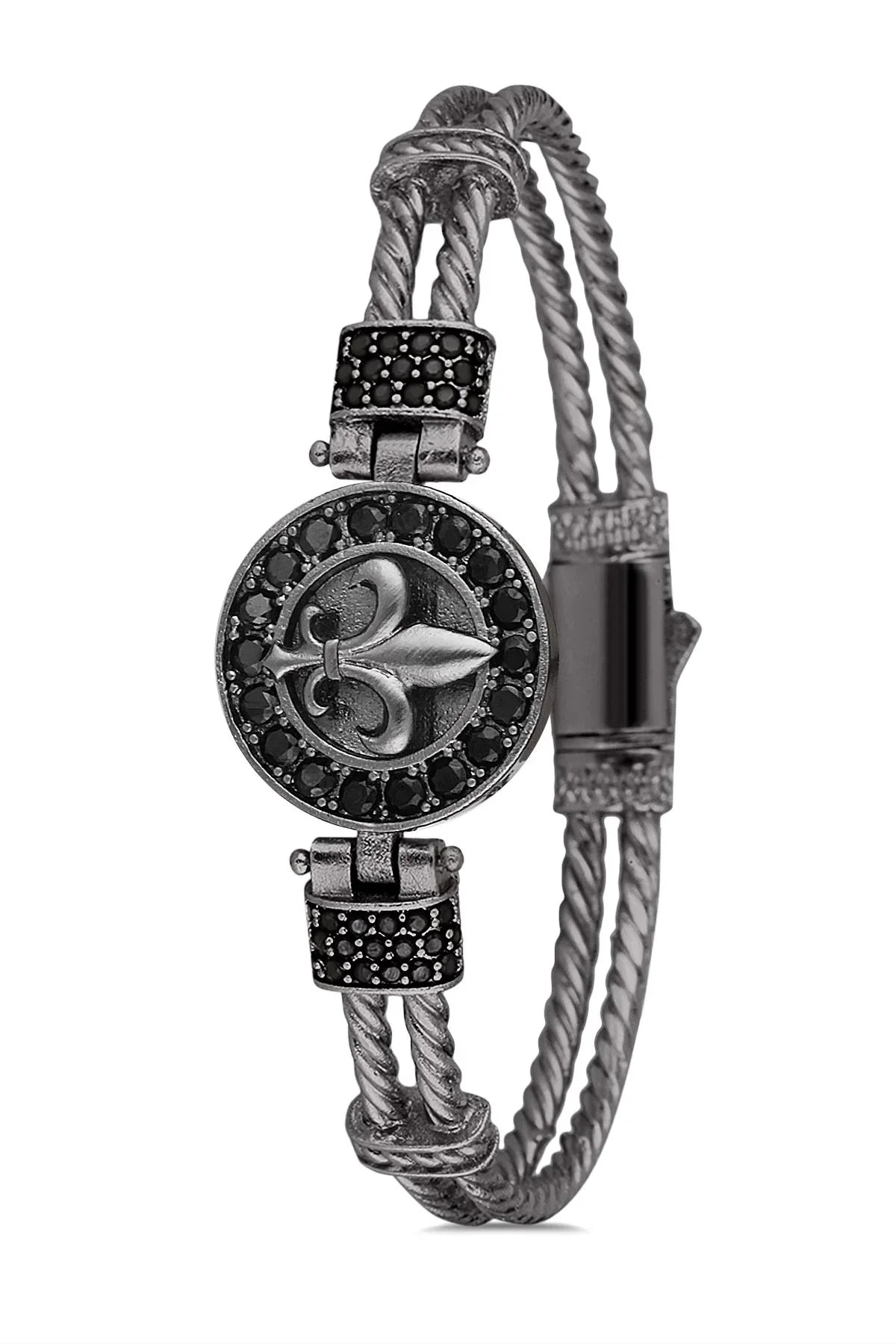 FRNCH Lilyum Figürlü Zirkon Taşlı Füme Renk Handmade Erkek Bileklik FRJ11225-1325-B