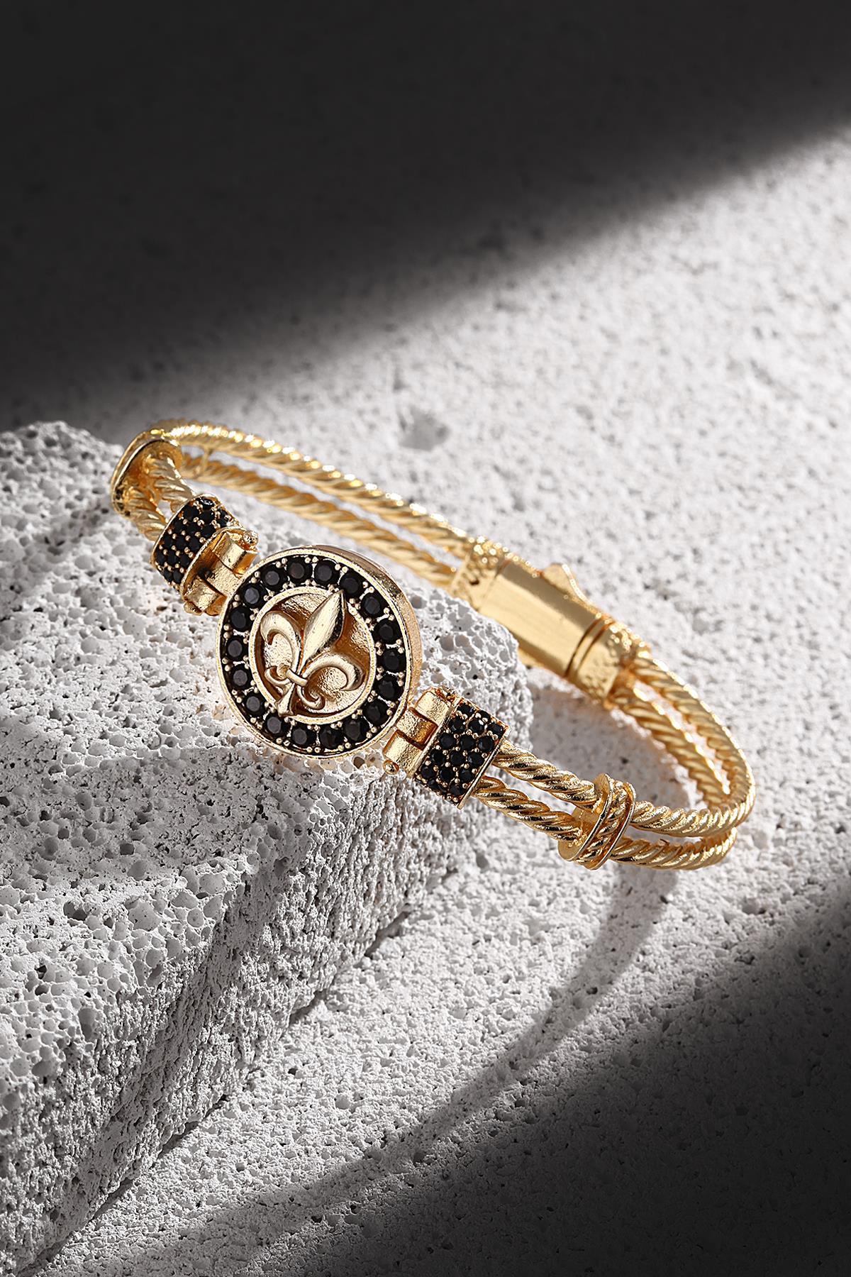 FRNCH Lilyum Figürlü Zirkon Taşlı Gold Renk Handmade Erkek Bileklik FRJ11225-1325-G