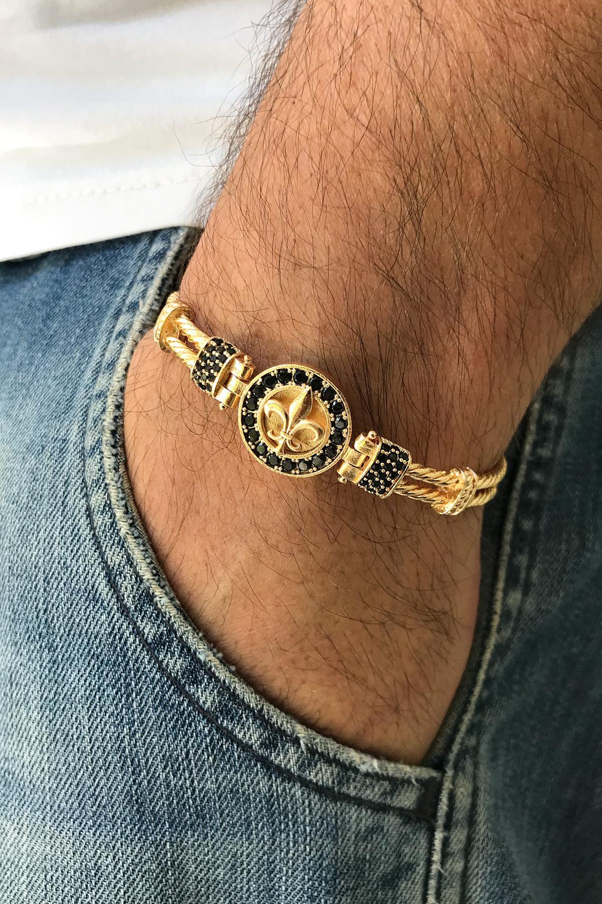 FRNCH Lilyum Figürlü Zirkon Taşlı Gold Renk Handmade Erkek Bileklik FRJ11225-1325-G