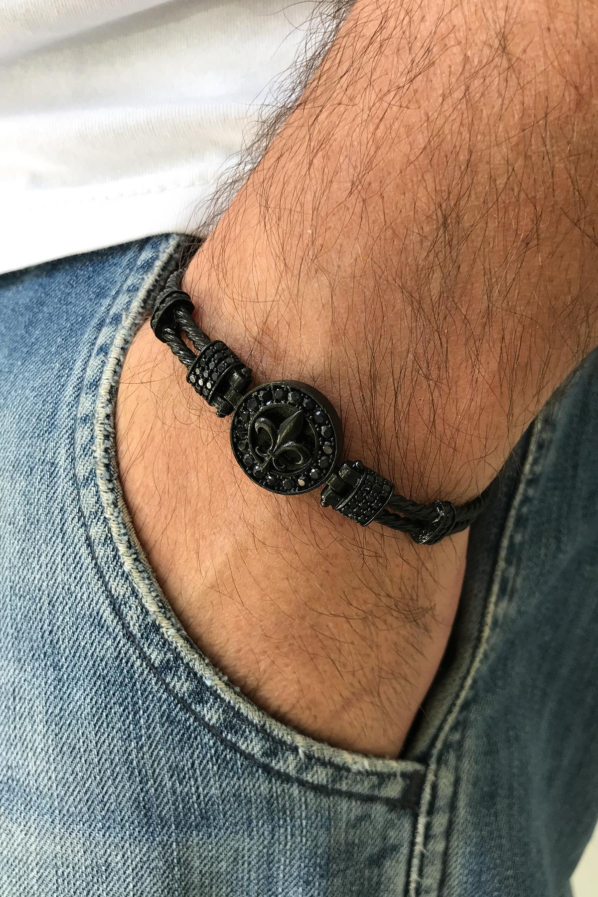 FRNCH Lilyum Figürlü Zirkon Taşlı Mat Siyah Renk Handmade Erkek Bileklik FRJ11225-1325-B2