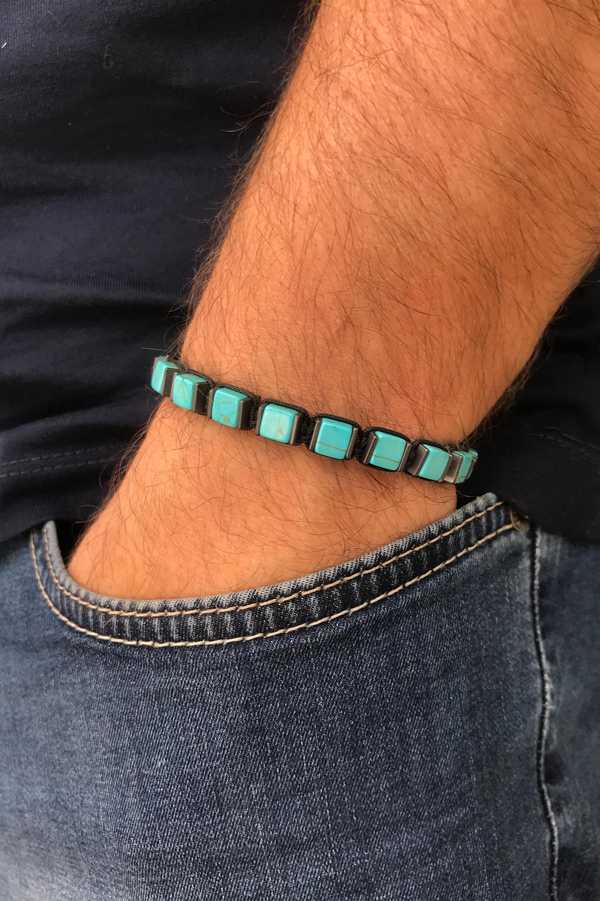 FRNCH Mercan ve Hematit Doğal Taşlı Mavi Renkli Ayarlanabilir Makrome Erkek Bileklik FRJ11281-1381-M