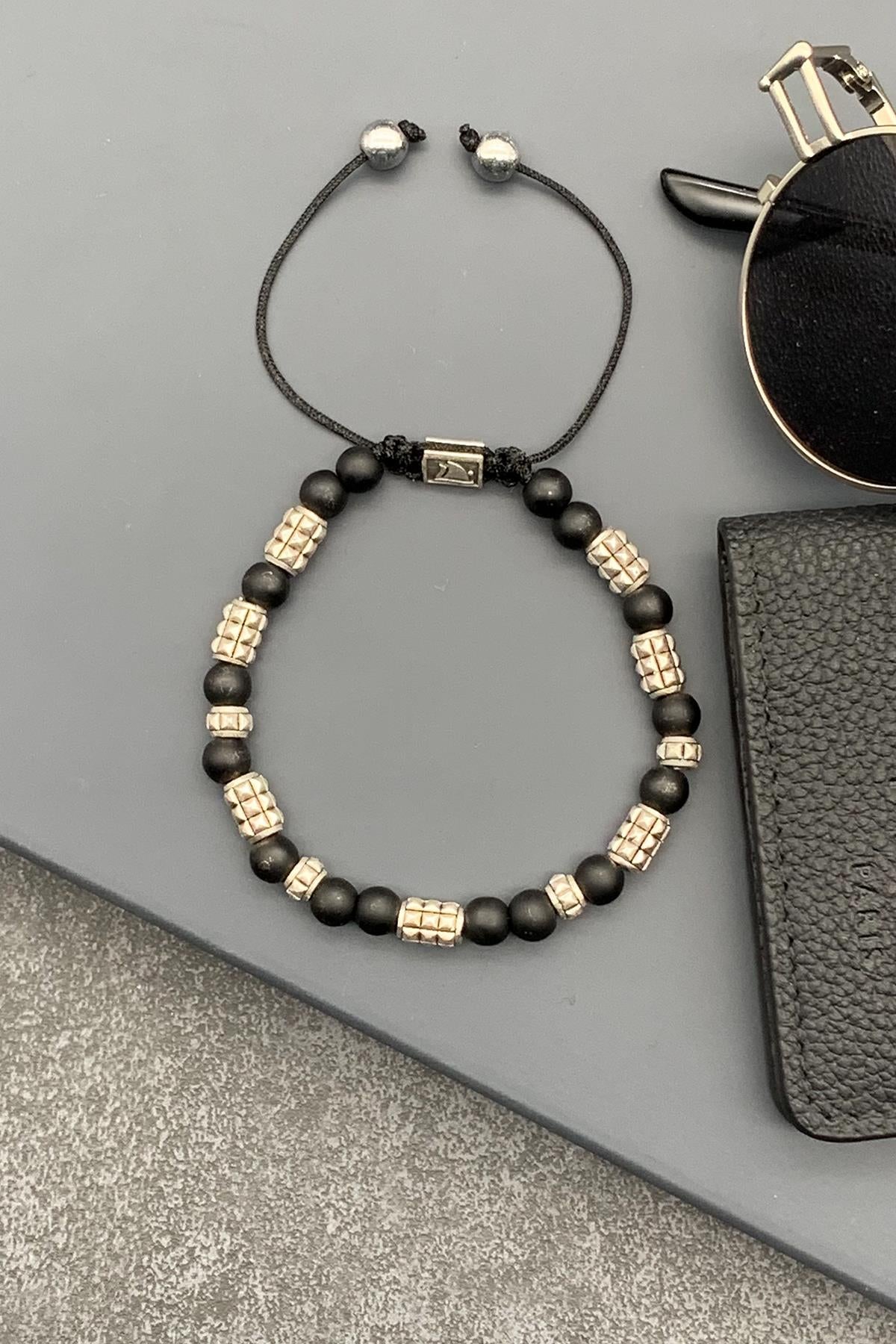 FRNCH Onyx Doğal Taşlı Siyah Renkli Ayarlanabilir Makrome Erkek Bileklik FRJ11477-1577-B2