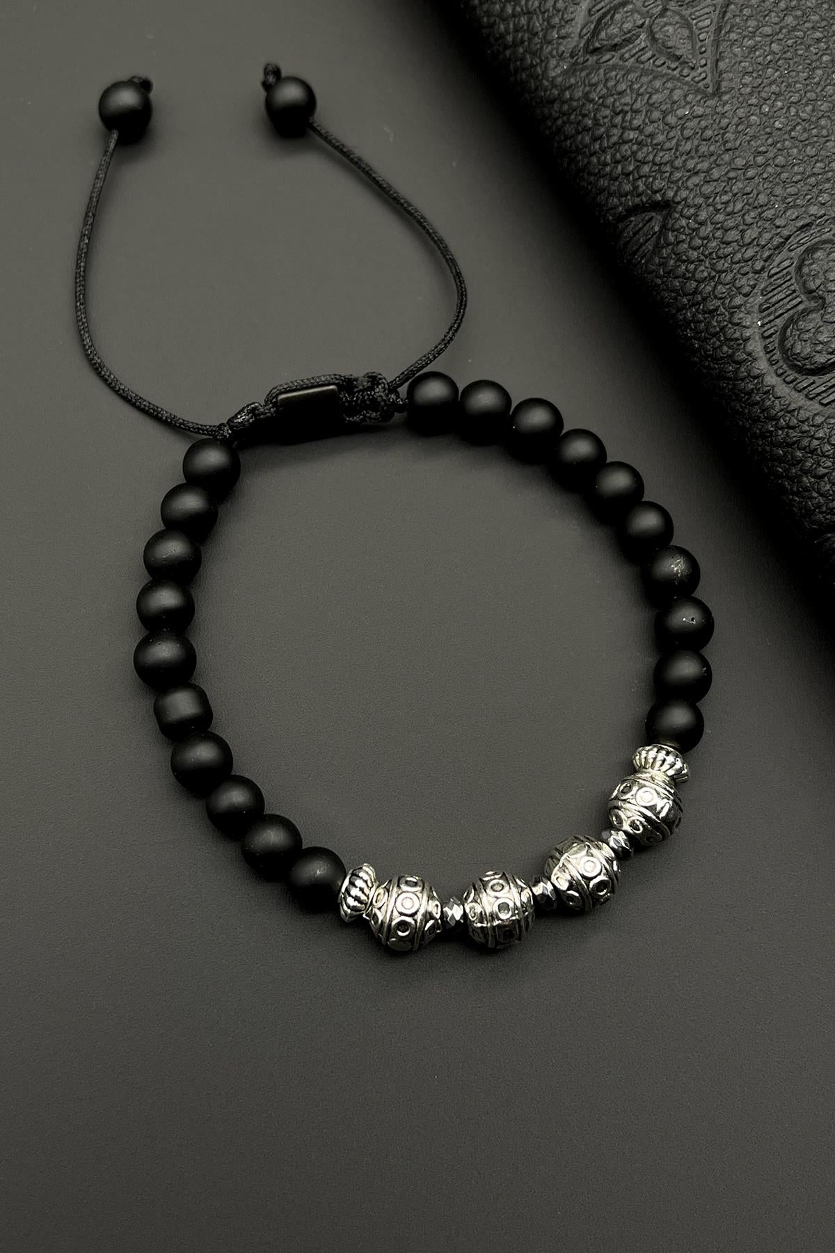 FRNCH Onyx Doğal Taşlı Siyah Renkli Ayarlanabilir Makrome Erkek Bileklik FRJ11559-1659-S