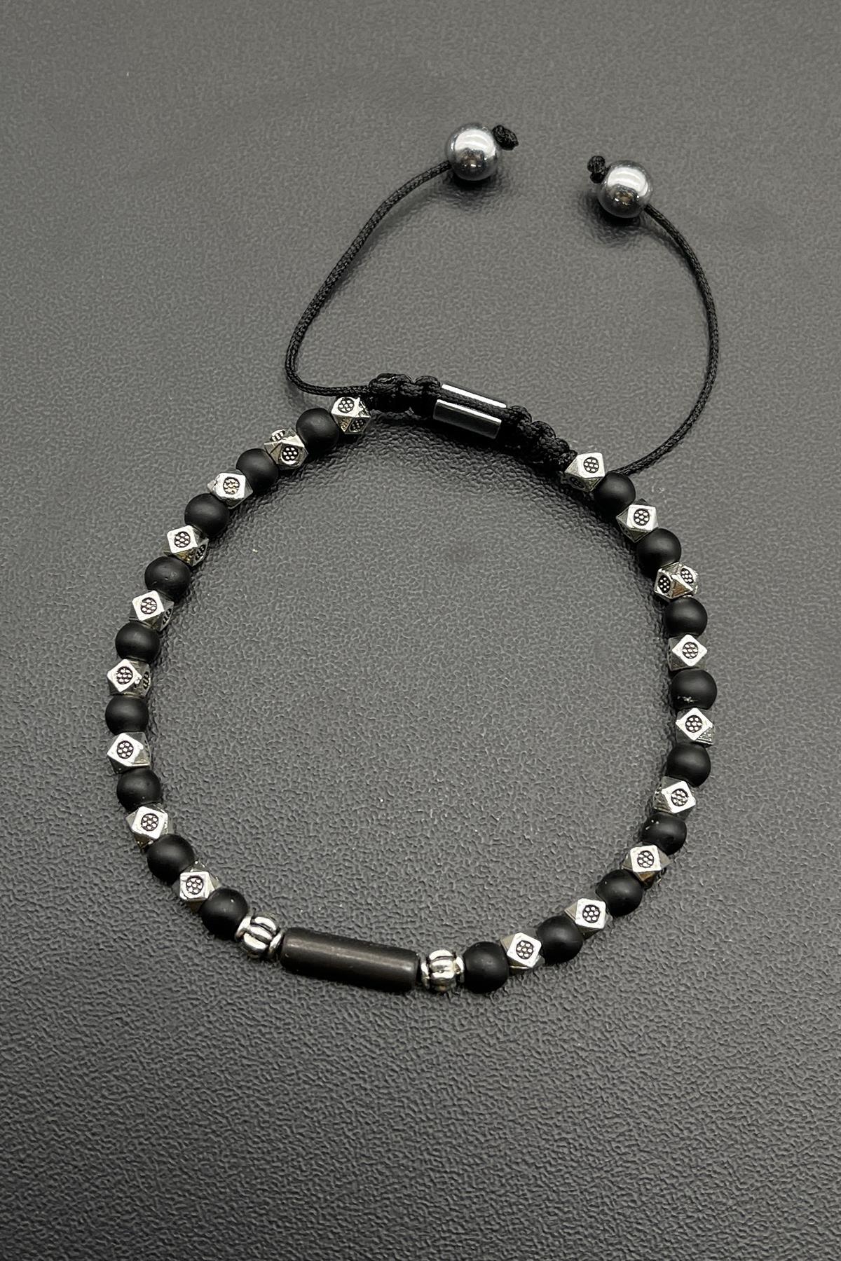 FRNCH Onyx Doğal Taşlı Siyah Renkli Ayarlanabilir Makrome Erkek Bileklik FRJ11706-1806-S