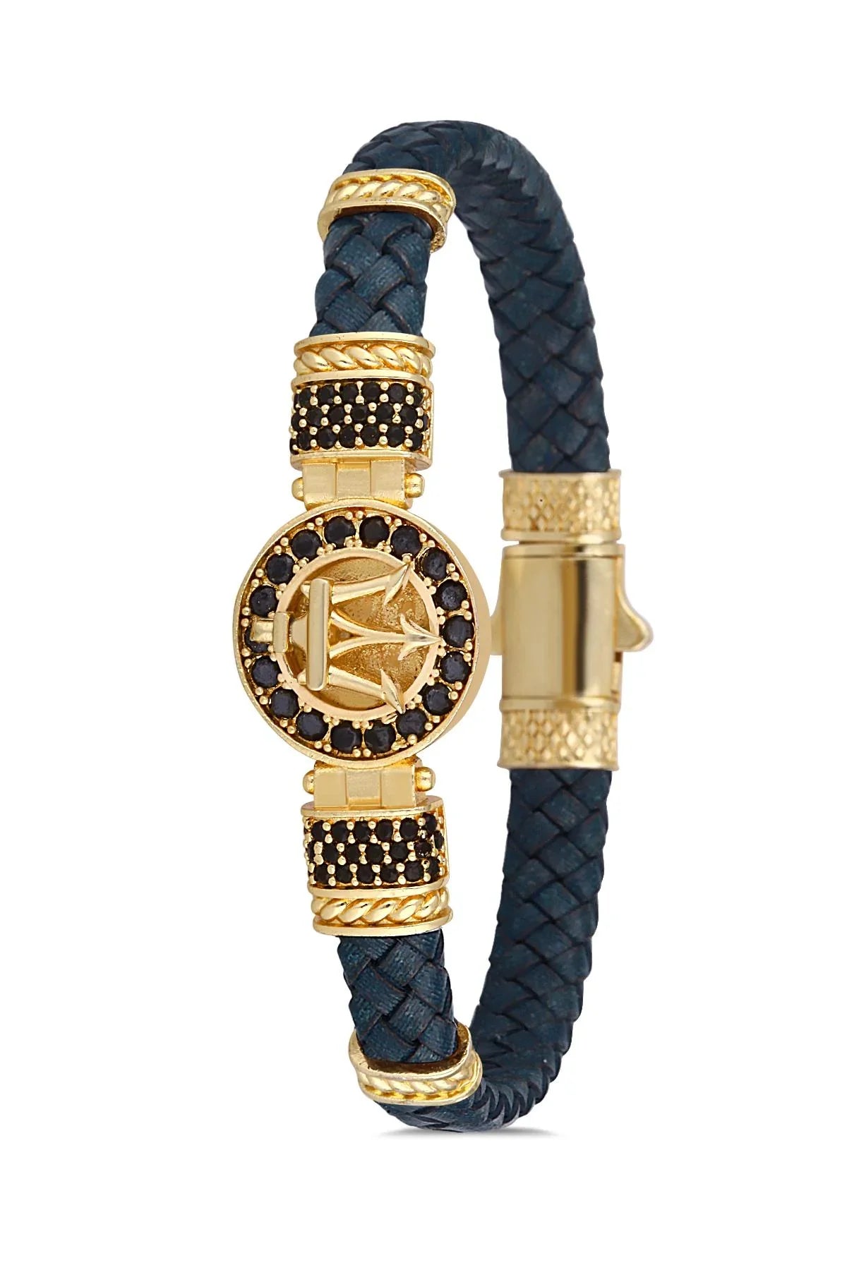 FRNCH Poseidon Figürlü Gerçek Deri Zirkon Taşlı Lacivert-Gold Renk Erkek Bileklik FRJ11203-1303-L2G