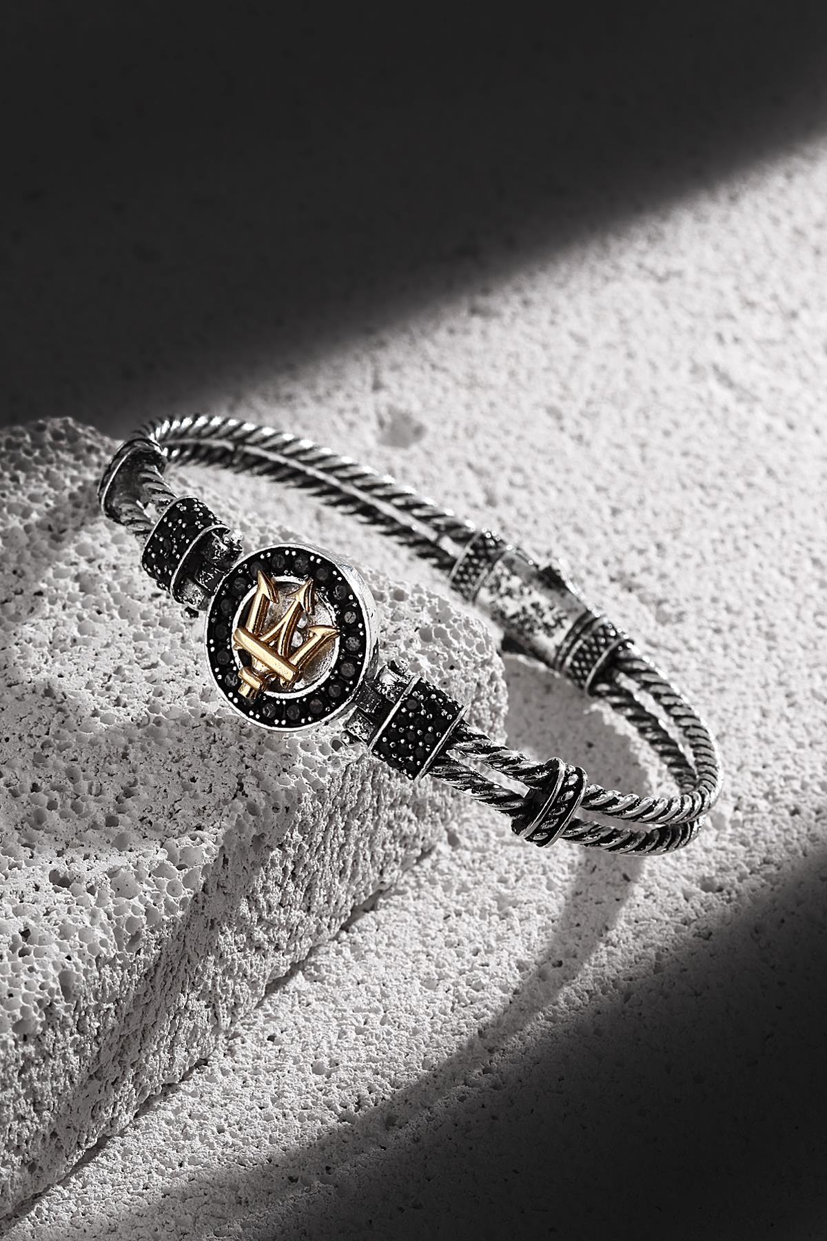 FRNCH Poseidon Figürlü Zirkon Taşlı Antik Gümüş-Gold Renk Handmade Erkek Bileklik FRJ11224-1324-A2G