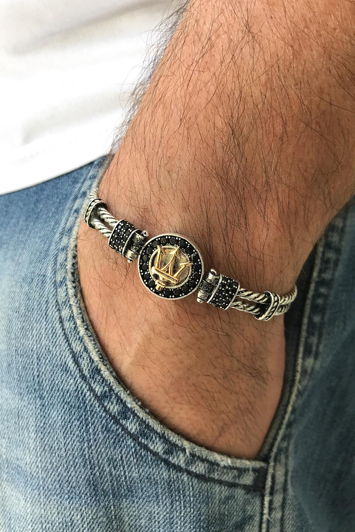 FRNCH Poseidon Figürlü Zirkon Taşlı Antik Gümüş-Gold Renk Handmade Erkek Bileklik FRJ11224-1324-A2G