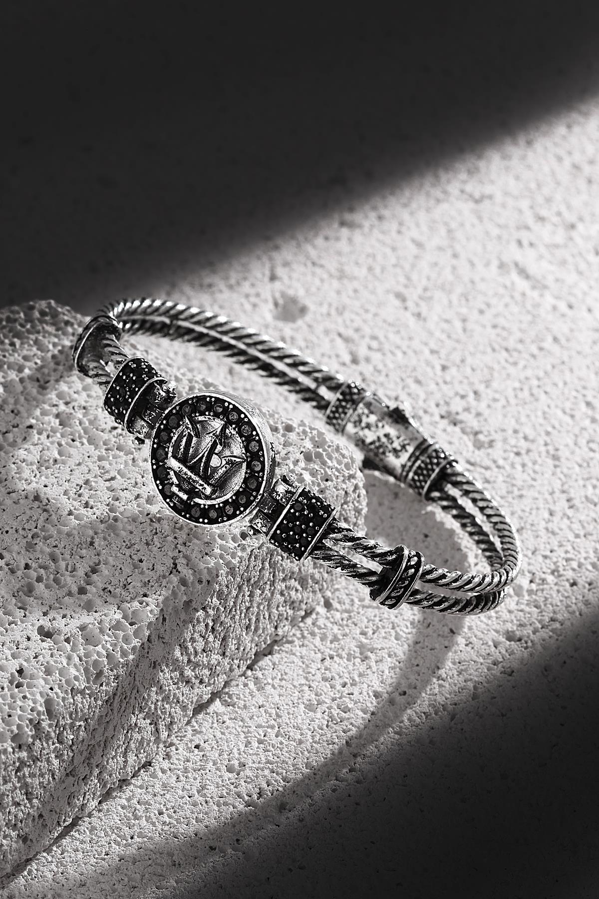 FRNCH Poseidon Figürlü Zirkon Taşlı Antik Gümüş Renk Handmade Erkek Bileklik FRJ11224-1324-A2