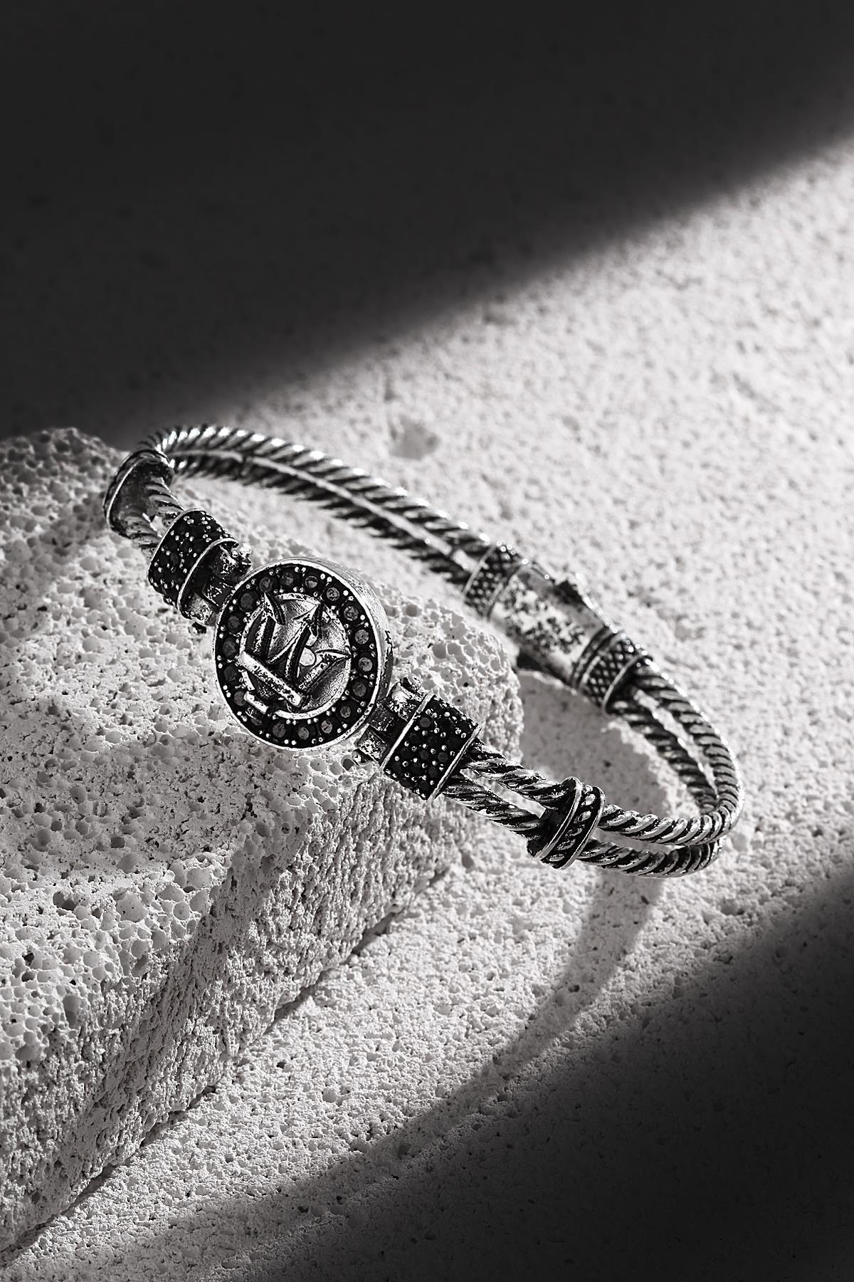 FRNCH Poseidon Figürlü Zirkon Taşlı Antik Gümüş Renk Handmade Erkek Bileklik FRJ11224-1324-A2