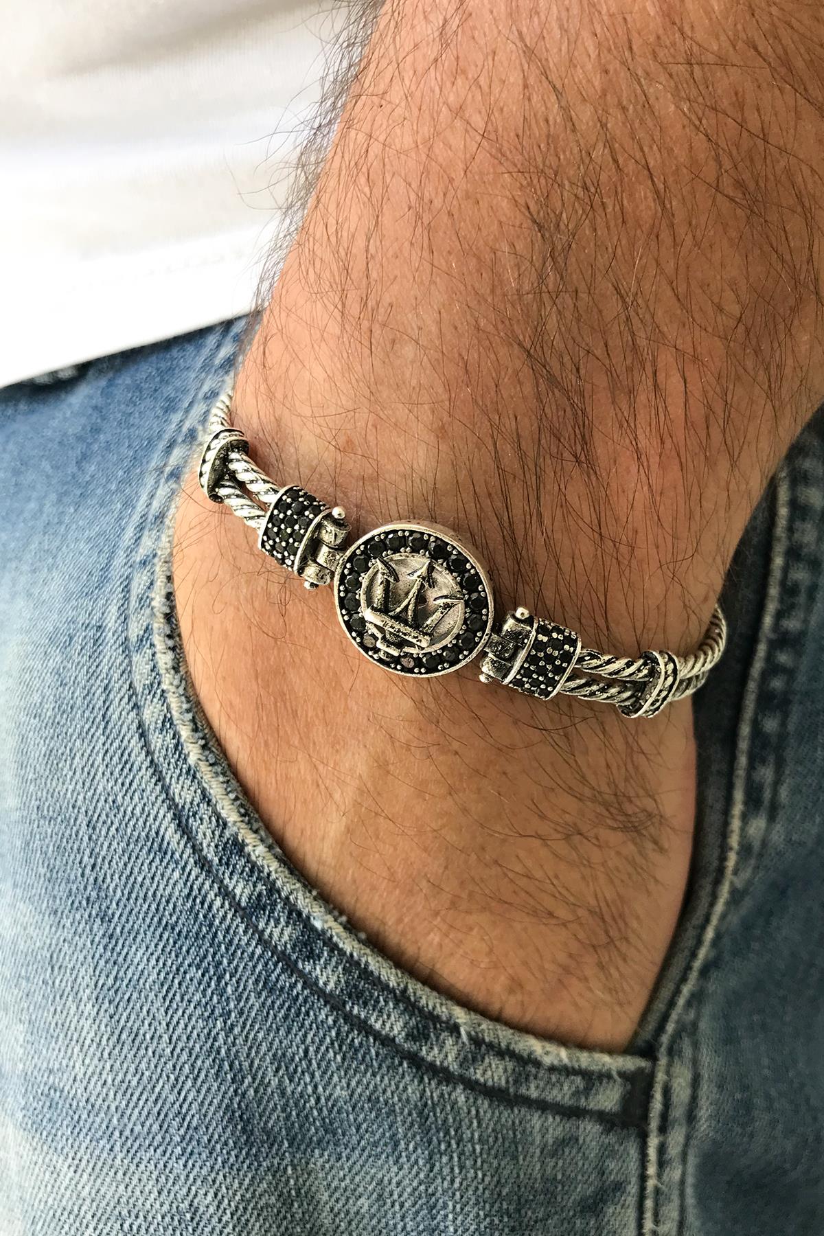 FRNCH Poseidon Figürlü Zirkon Taşlı Antik Gümüş Renk Handmade Erkek Bileklik FRJ11224-1324-A2