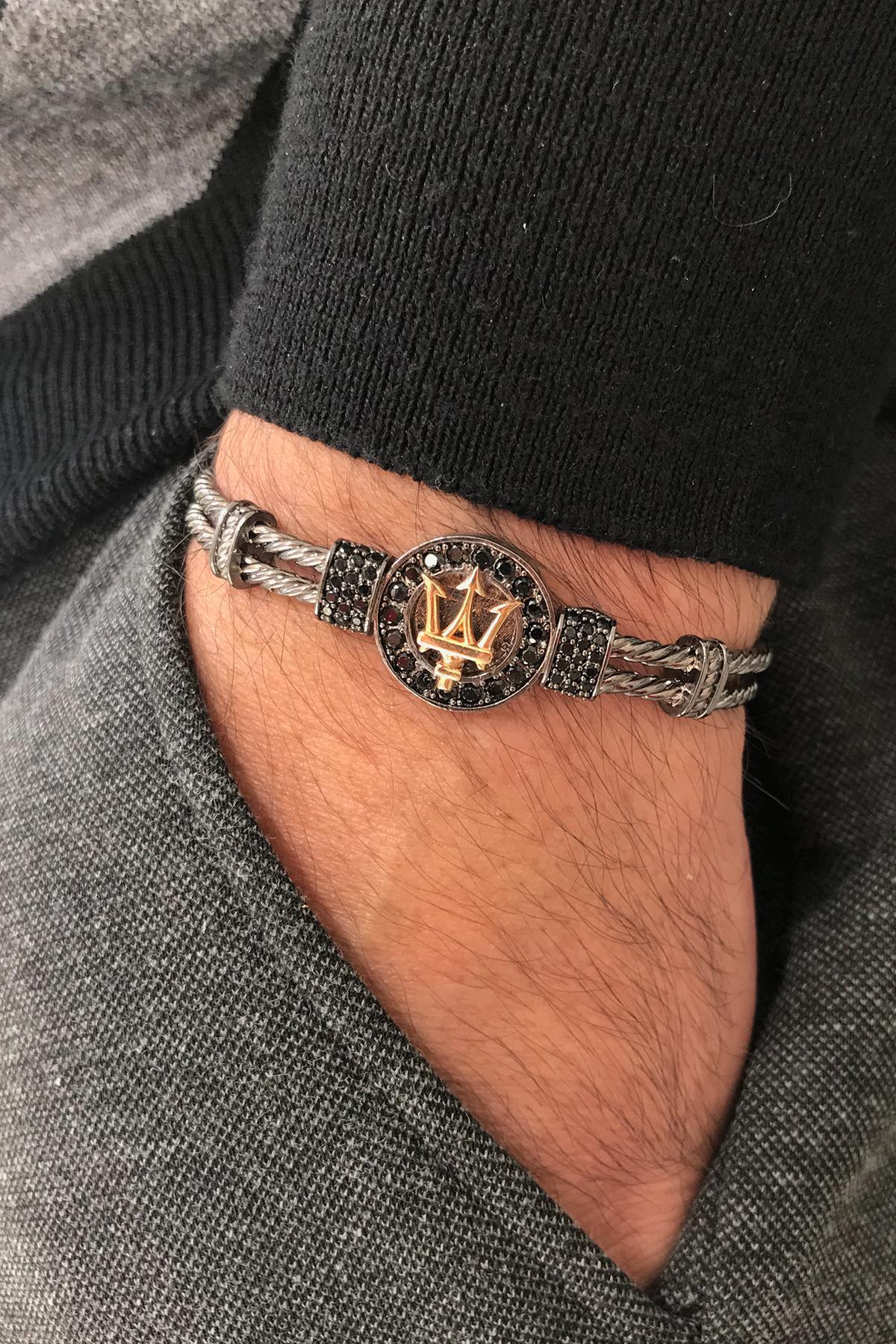 FRNCH Poseidon Figürlü Zirkon Taşlı Füme-Gold Renk Erkek Kelepçe Bileklik FRJ11207-1307-BG