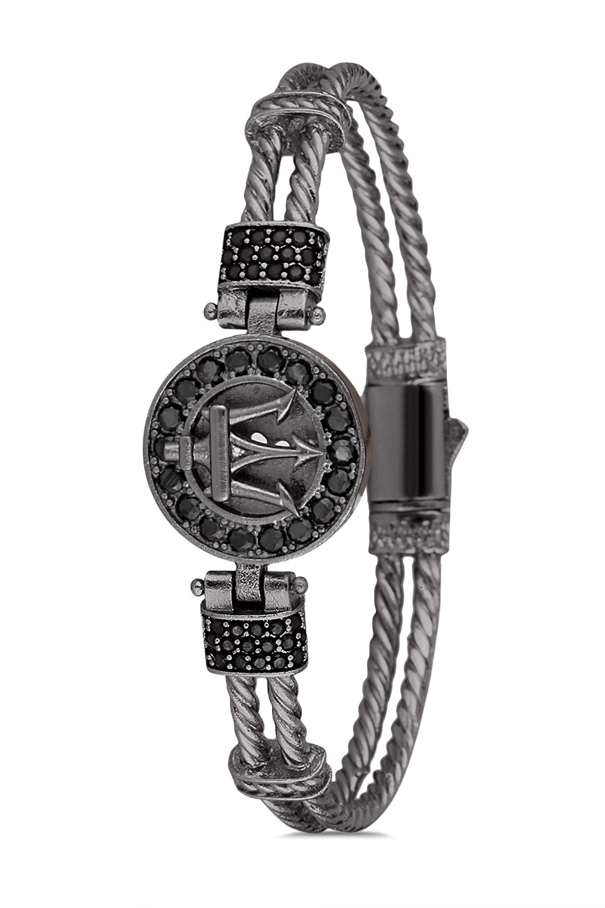 FRNCH Poseidon Figürlü Zirkon Taşlı Füme Renk Handmade Erkek Bileklik FRJ11224-1324-B