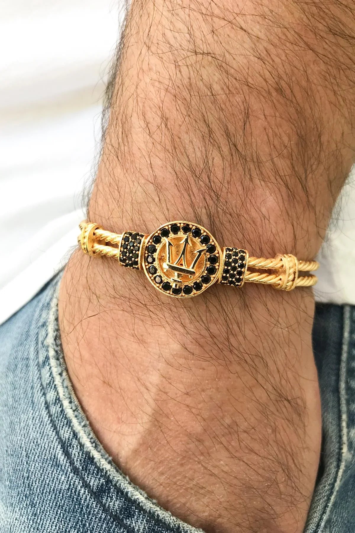 FRNCH Poseidon Figürlü Zirkon Taşlı Gold Renk Erkek Kelepçe Bileklik FRJ11207-1307-G