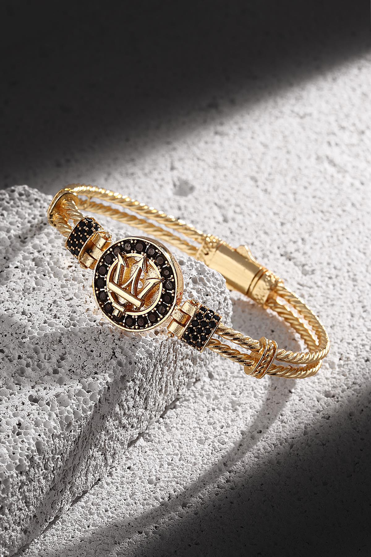 FRNCH Poseidon Figürlü Zirkon Taşlı Gold Renk Handmade Erkek Bileklik FRJ11224-1324-G
