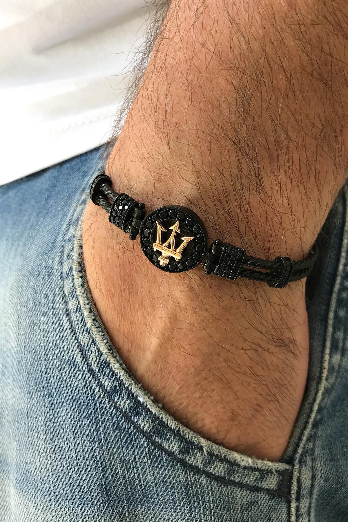 FRNCH Poseidon Figürlü Zirkon Taşlı Mat Siyah-Gold Renk Handmade Erkek Bileklik FRJ11224-1324-B2G