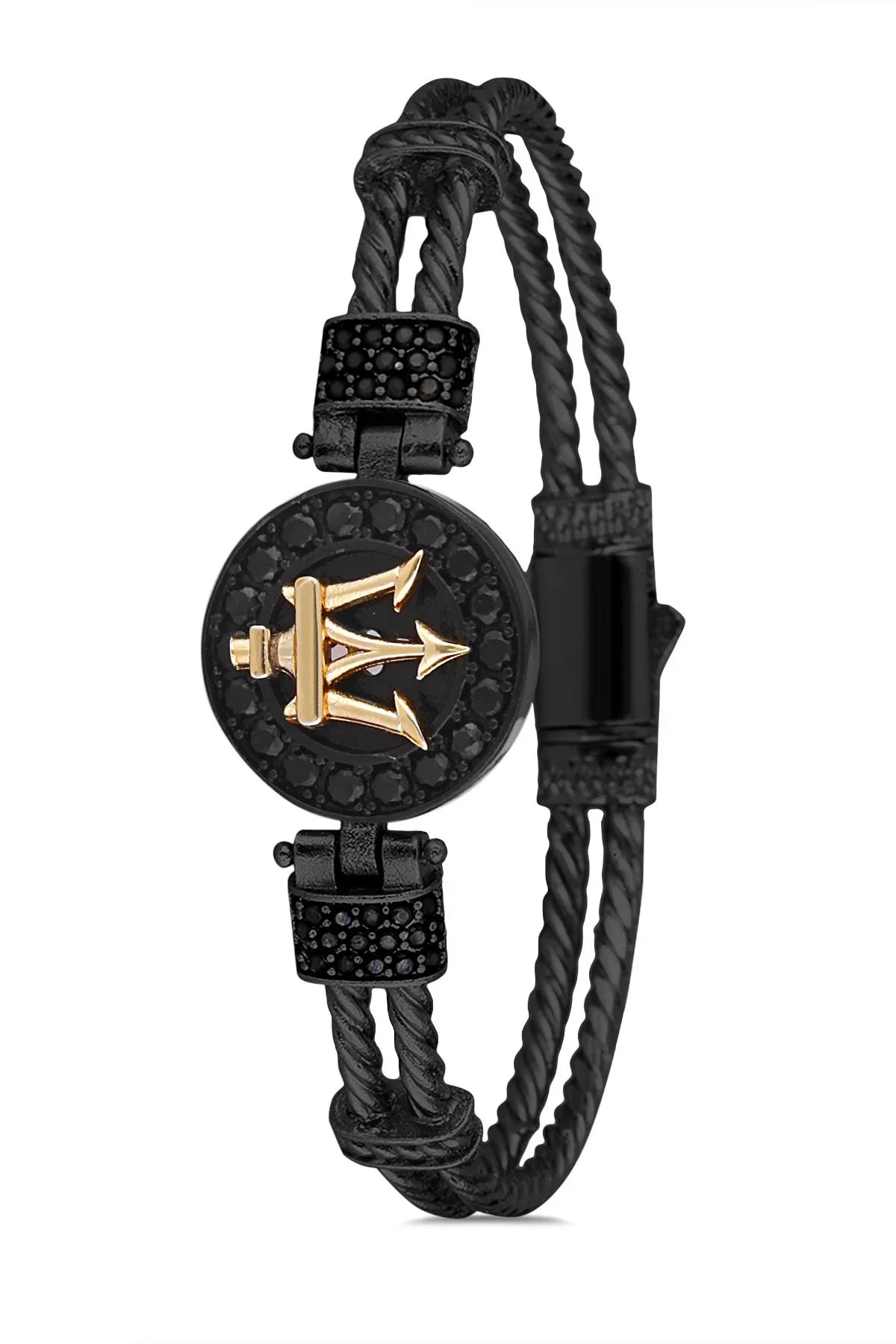 FRNCH Poseidon Figürlü Zirkon Taşlı Mat Siyah-Gold Renk Handmade Erkek Bileklik FRJ11224-1324-B2G