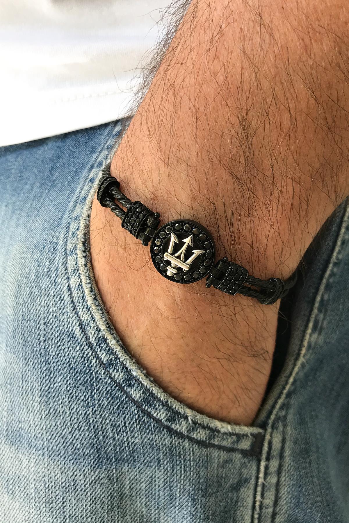FRNCH Poseidon Figürlü Zirkon Taşlı Mat Siyah-Gümüş Renk Handmade Erkek Bileklik FRJ11224-1324-B2A2