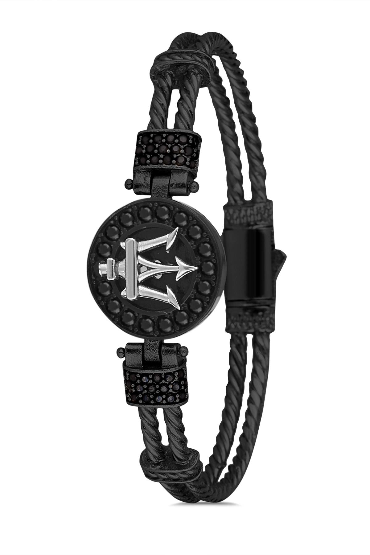FRNCH Poseidon Figürlü Zirkon Taşlı Mat Siyah-Gümüş Renk Handmade Erkek Bileklik FRJ11224-1324-B2A2