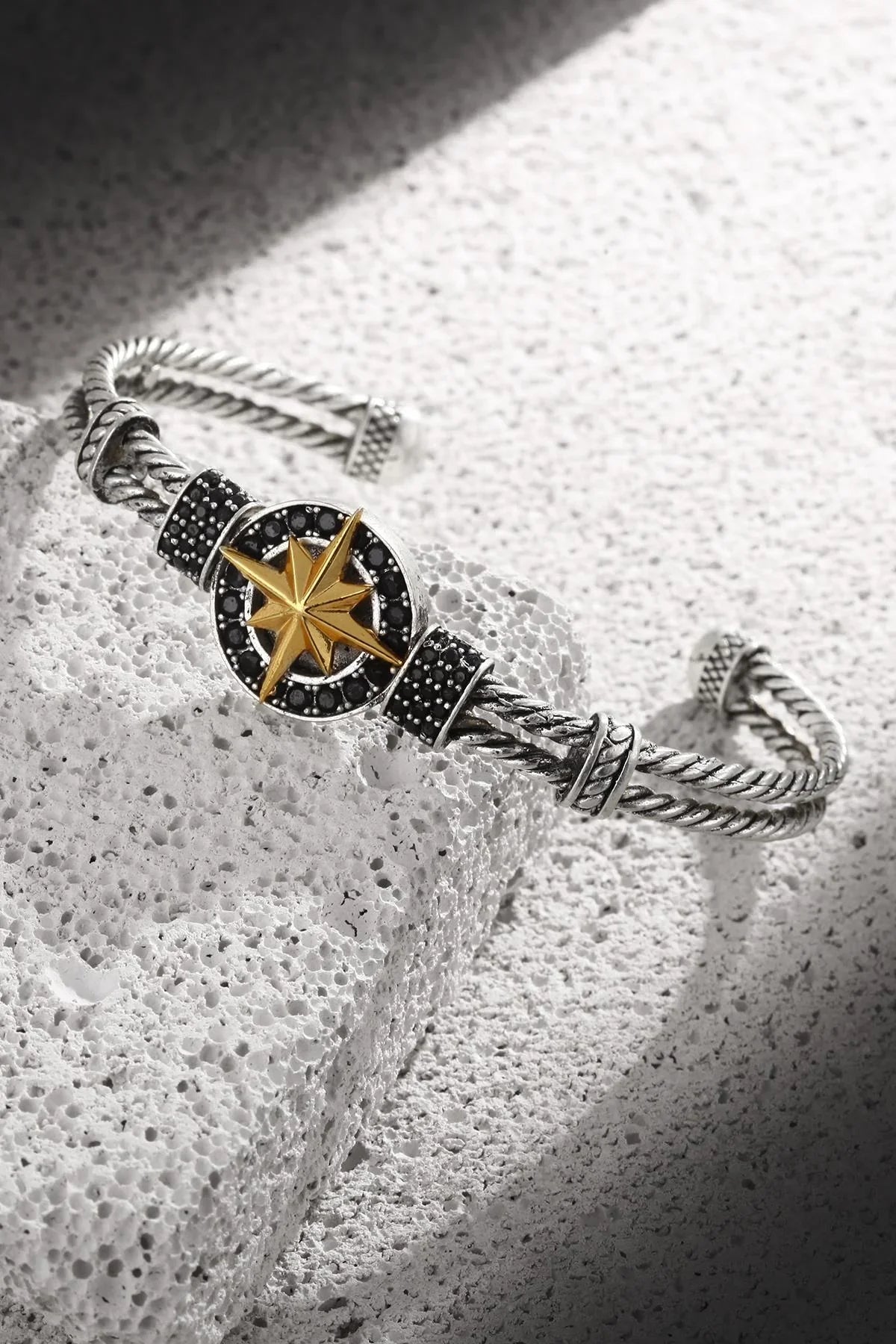 FRNCH Pusula Figürlü Antik Gümüş-Gold Renkli Zirkon Taşlı Handmade Kelepçe Erkek Bileklik FRJ11172-1272-A2G