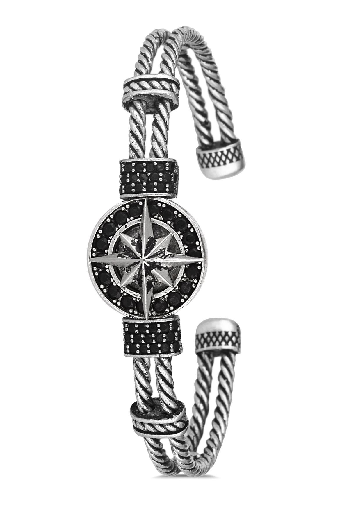 FRNCH Pusula Figürlü Antik Gümüş Renkli Zirkon Taşlı Handmade Kelepçe Erkek Bileklik FRJ11172-1272-A2