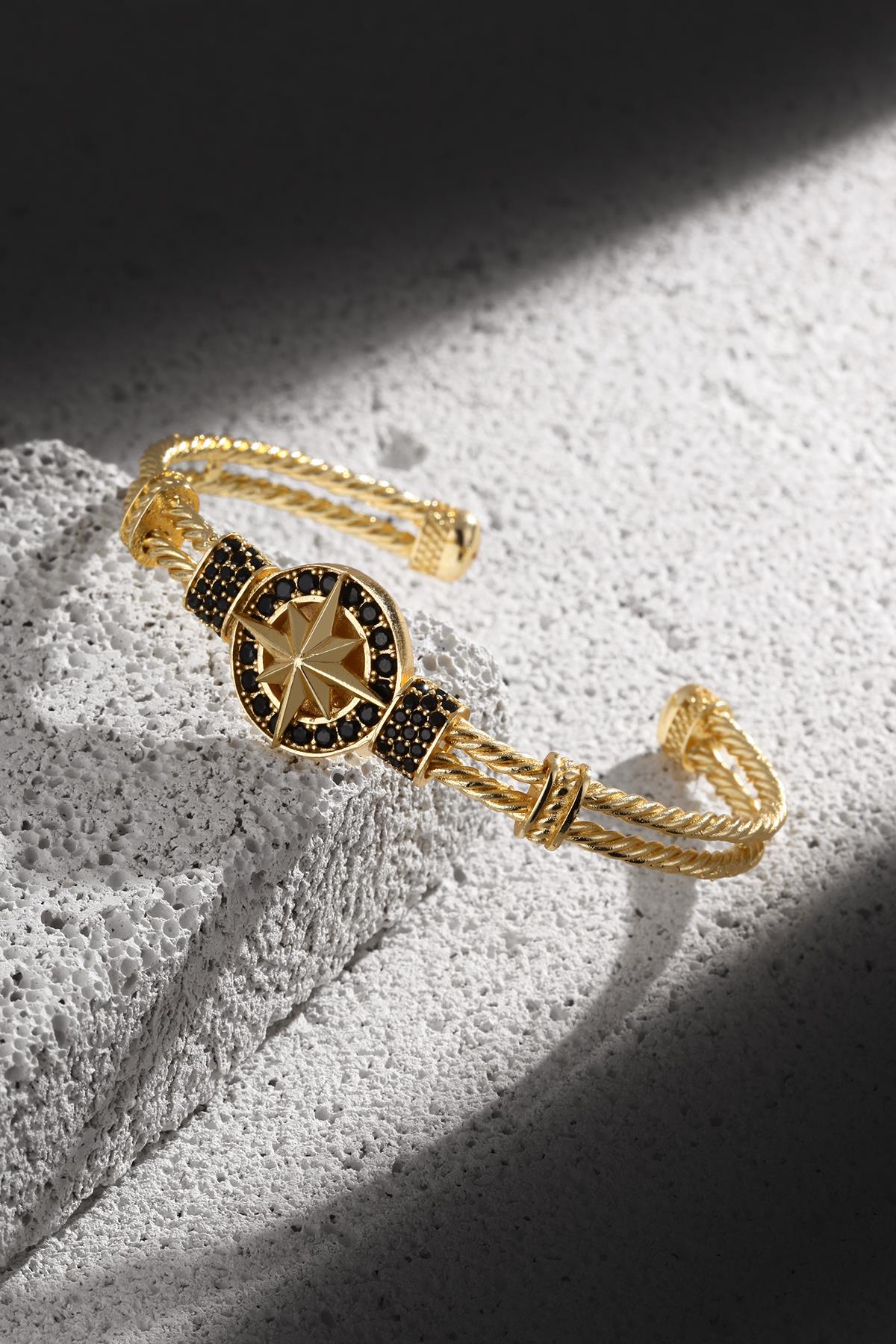 FRNCH Pusula Figürlü Gold Renkli Zirkon Taşlı Handmade Kelepçe Erkek Bileklik FRJ11172-1272-G