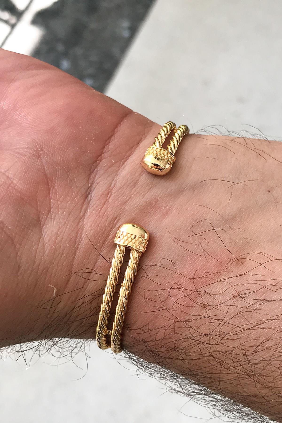 FRNCH Pusula Figürlü Gold Renkli Zirkon Taşlı Handmade Kelepçe Erkek Bileklik FRJ11172-1272-G